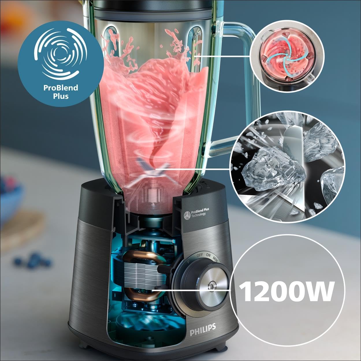 Cutaway view of Philips 5000 Series Blender highlighting 1200W motor and ProBlend Plus technology