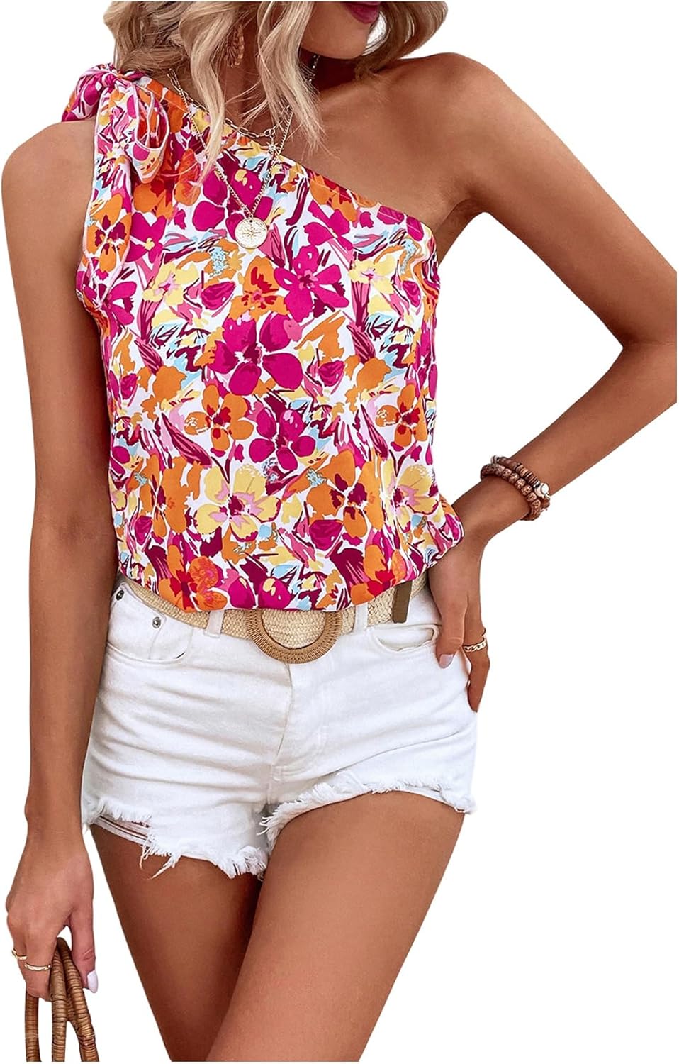 Verdusa Women's Floral Boho Blouse Vacation Summer Bow Tie One Shoulder Tops