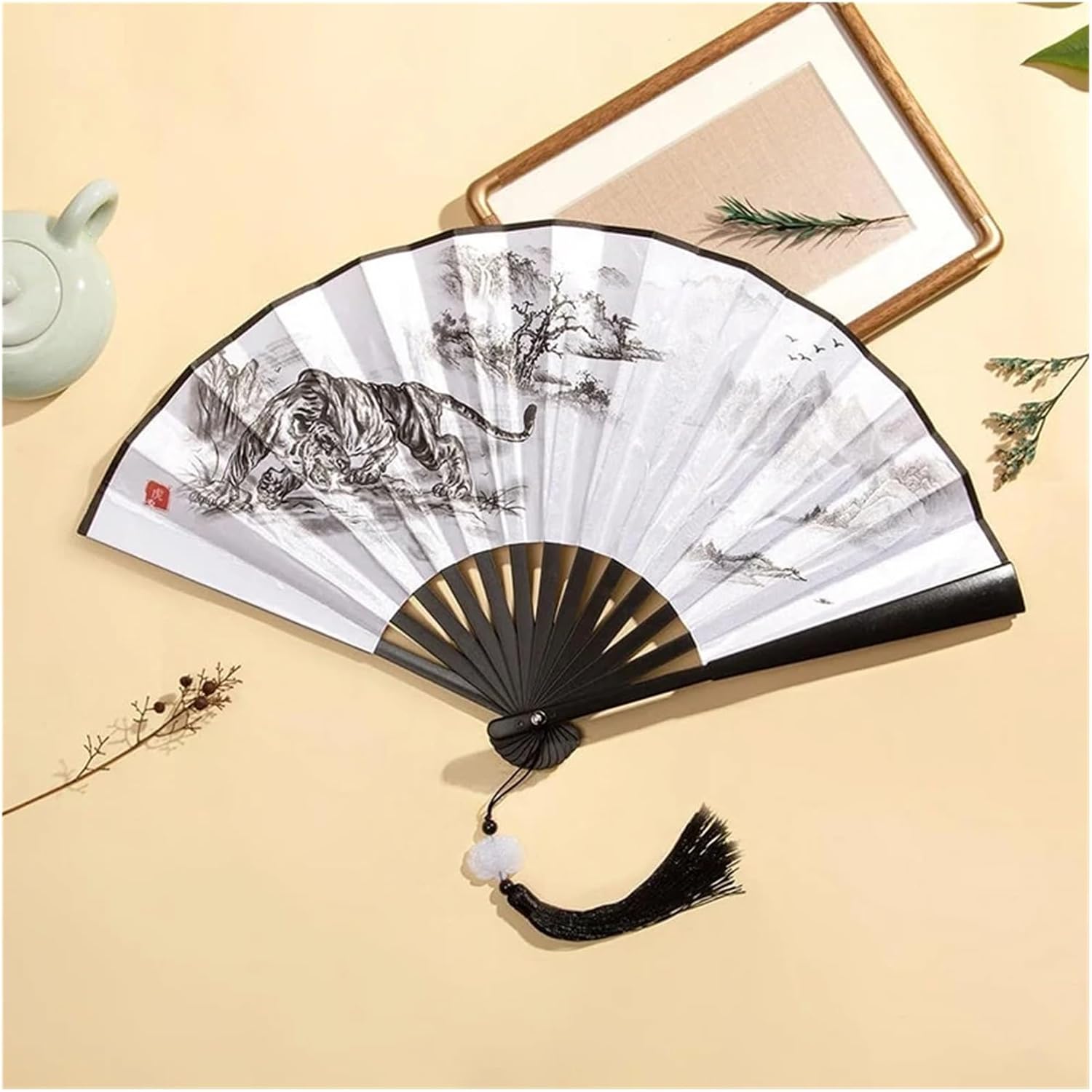 With Tassel Art Craft Style Foldable Hand Fan Portable Folding Fan Wedding Party Photo Props Guest Gifts(Style 17)