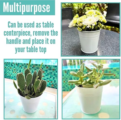 Miniatura 6 de LaLaGreen - Maceta colgante de 6 pulgadas, paquete de 10 macetas grandes de metal blanco sobre riel, barandilla de balcón, cubos colgantes para