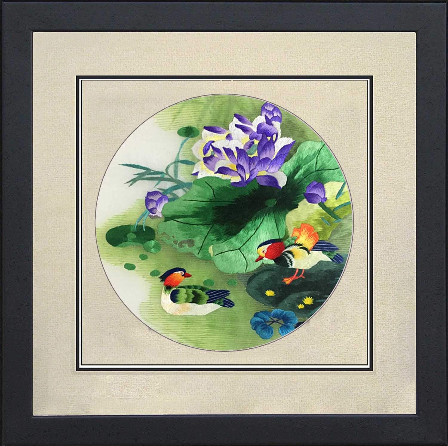 Silk Art 100% Handmade Embroidery Mixed Group Mandarin Duck & Lotus Leaf Chinese Print Wildlife Bird Painting Anniversary Wedding Birthday Party Gifts Oriental Asian Wall Art 21064WF