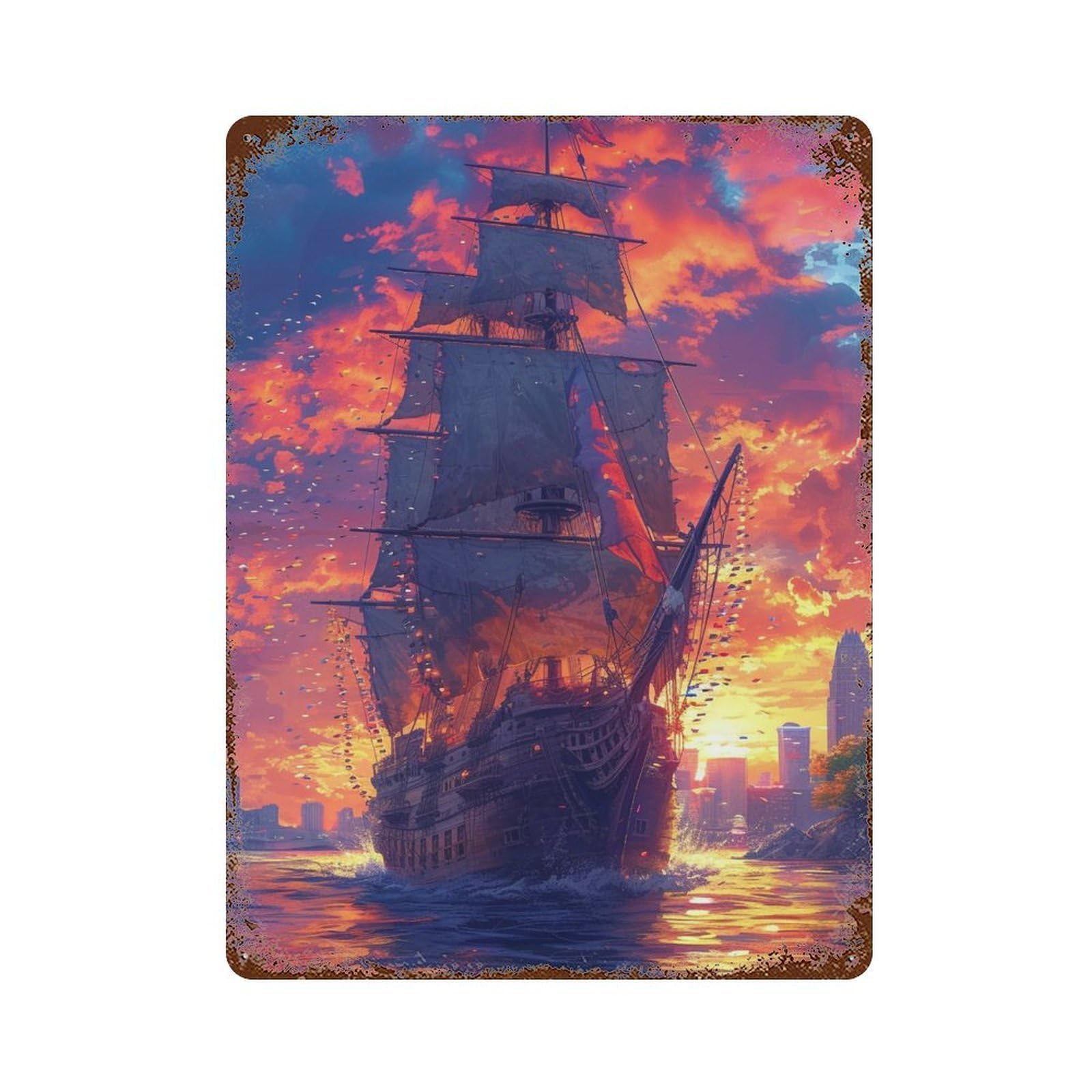 Decorative Tin Sign with Pirate Ship Sunset Adventure-1 Design 15.7"x11.8", for Basement, Hobby Room And Garage Decor, Farmhouse Wall Decor