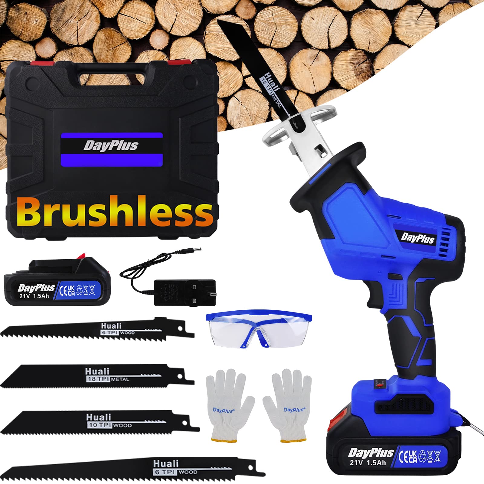 Brushless Reciprocating Saw Cordless Sabre Saw, 0-1900SPM Variable Speed Cordless Electric Reciprocating Saw with 1.5Ah Battery & Charger, Tool-Free Blade Change, 4 Saw Blades for Cutting Wood Metal