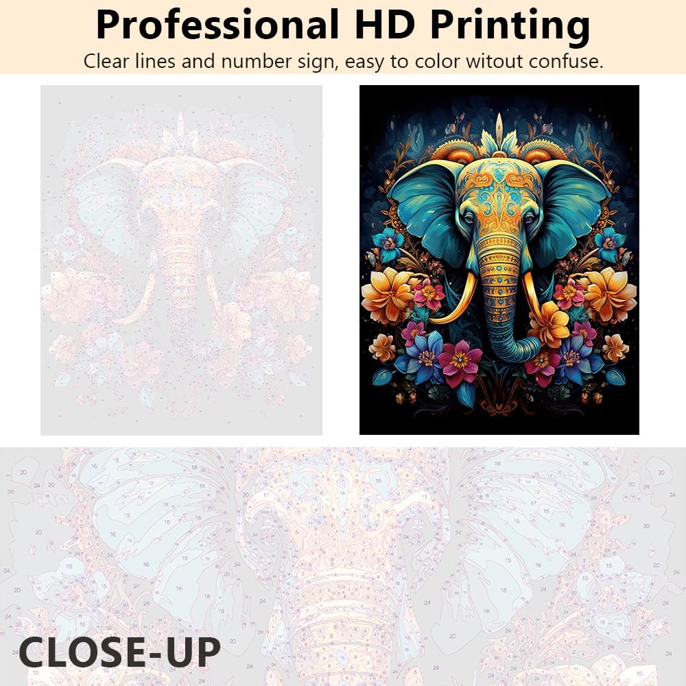 Paint by Number for Adults Elephant Paint by Numbers Flowers Adults' Paint-by-Number Kits DIY Painting for Adults with Brushes and Pigment Home Wall Decor Gift Craft 16x20 Inch with Frame