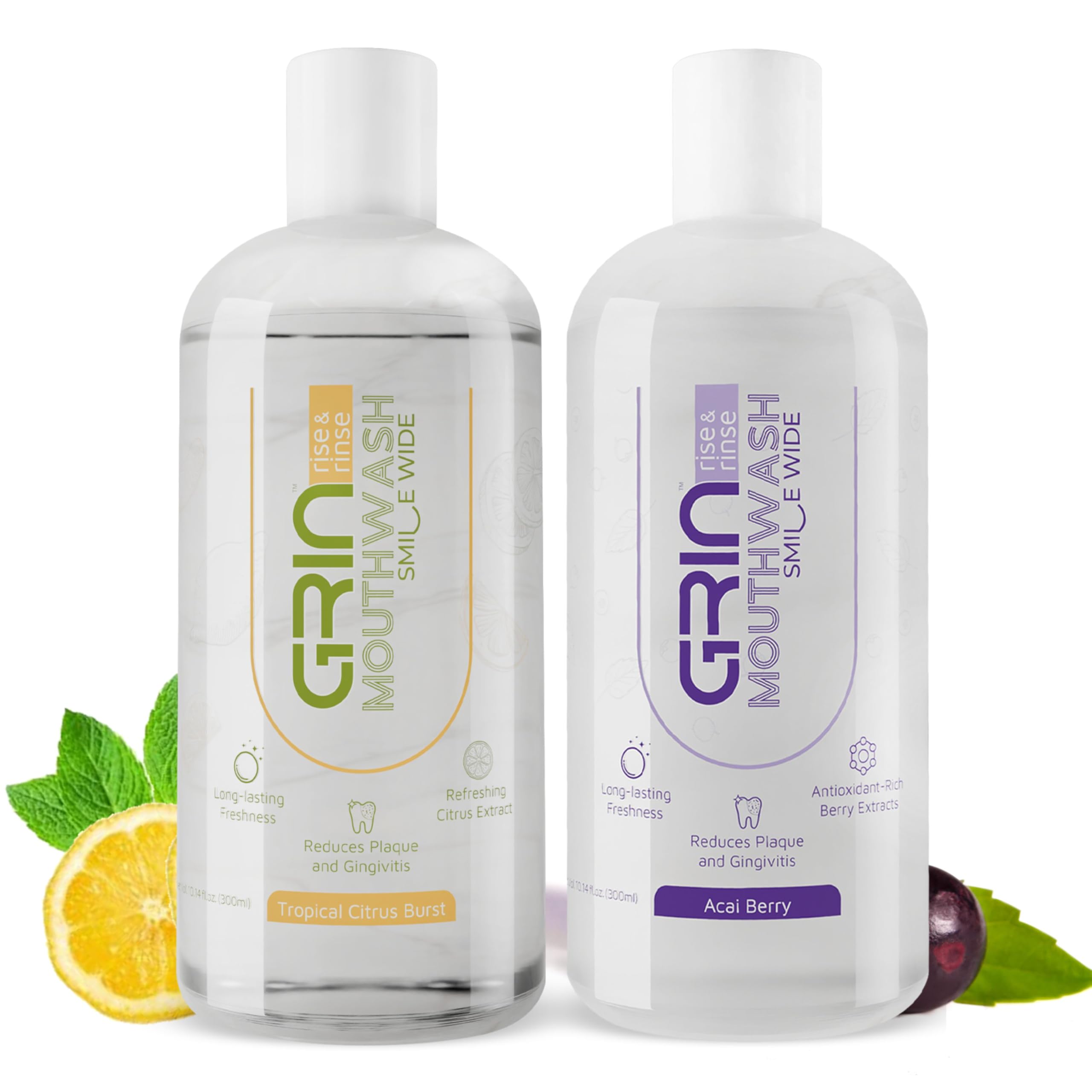GRIN Zero Alcohol Anticavity Mouthwash for Long- Lasting Freshness, Reduces Plaque and Gingivitis, Alcohol Free Mouthwash for Adults - Pack of 2 (300 ML, ACAI BERRY+TROPICAL CITRUS BURST)-image-47