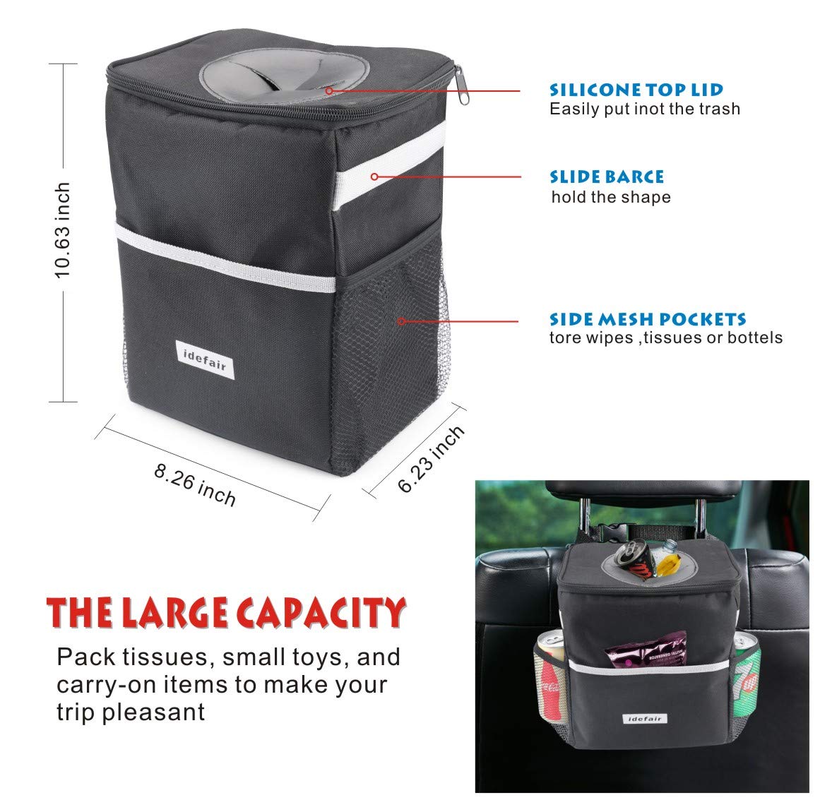 Car Trash Can with Lid Storage Pockets,Portable Waterproof Garbage Bag,Hanging Litter Bin,Contaminate Vehicle Guaranteed, Premium Leak-Proof Vinyl Inside Lining
