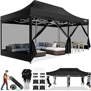 COBIZI 10x20 Canopy Tent, Heavy Duty Pop up Canopy with Sidewalls, Waterproof Easy Setup Canopy with Mosquito Netting, Outdoor Instant Screen Tents for Parties, Wedding with Roller Bag, Black
