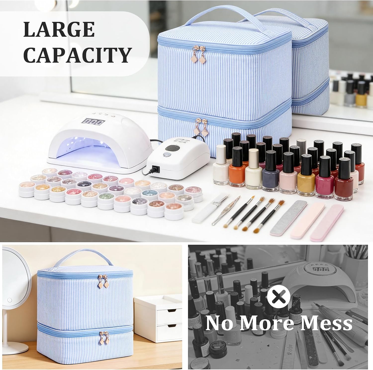 Nail Polish Organizer Bag Nail Supplies Organizer Holds 30 Bottles Nail 2 Layers Detachable Nail Kit Storage Case (Blue Stripes) image 4