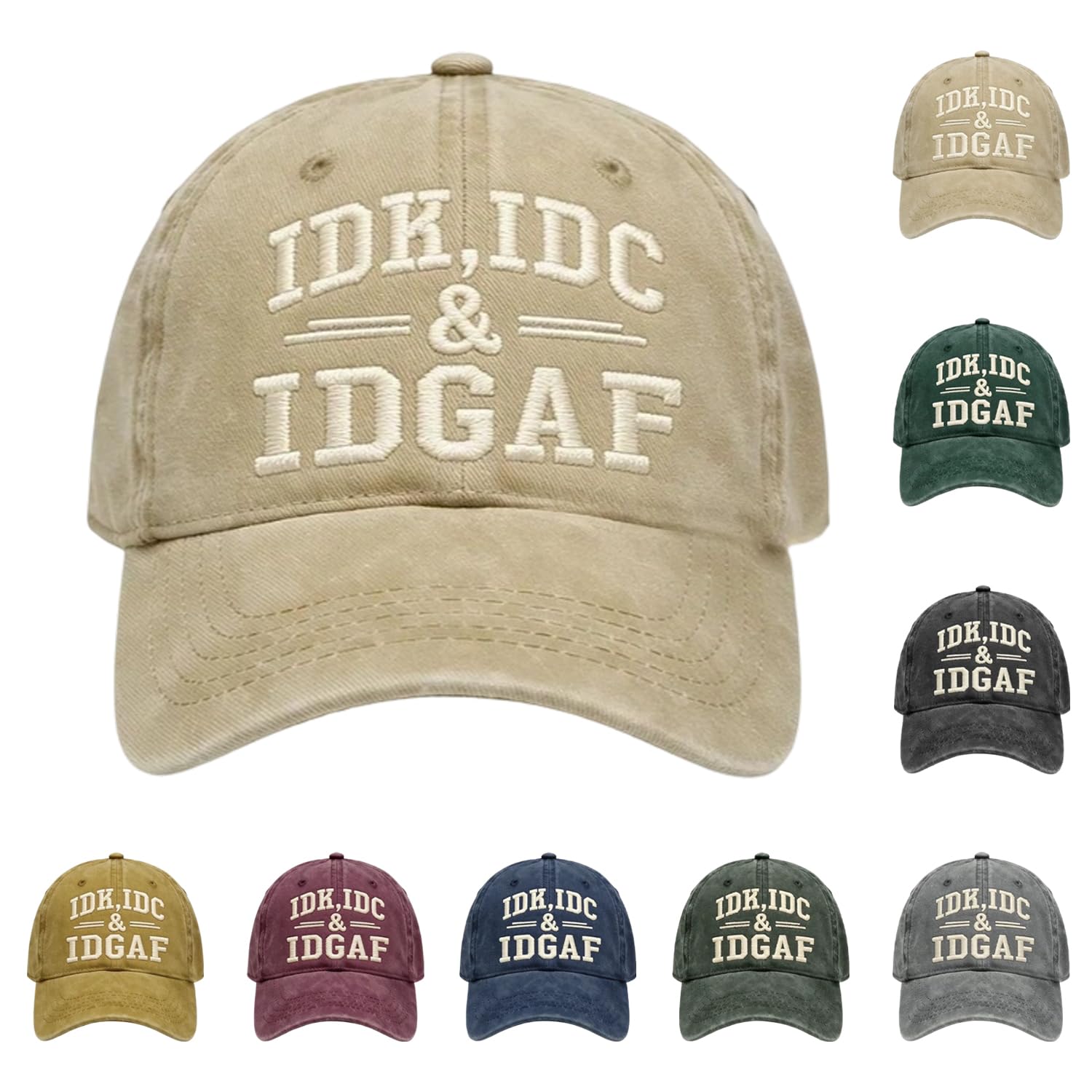 NDFVRHHT Funny IDK IDC IDGAF Embroidered Hat, Vintage Distressed Dad Cap for Men Women, Adjustable Baseball Hat (Khaki)