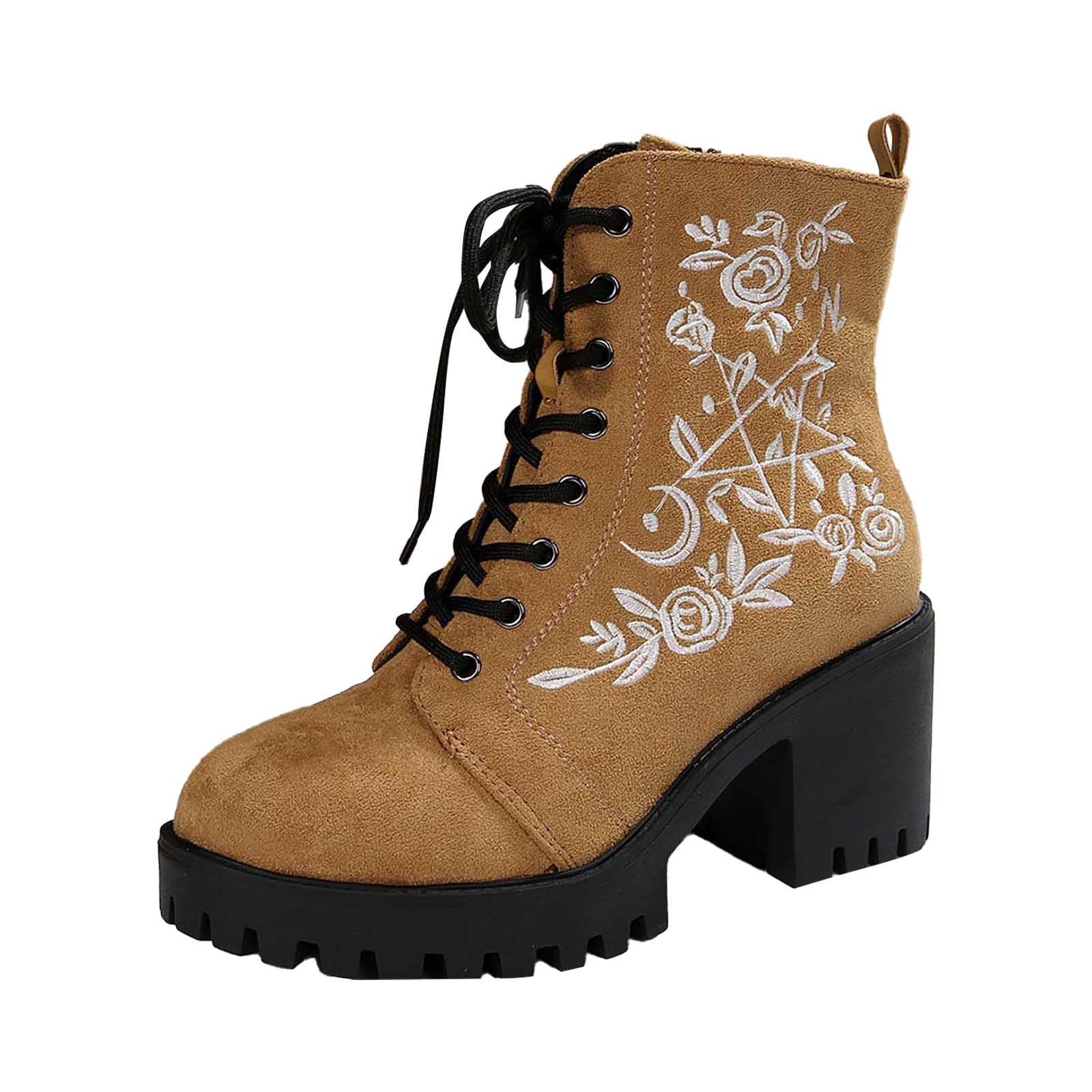 Generisch Botines de mujer con cordones con estampado floral bordado tacón grueso Zapatos cortos para comodidad diaria de moda