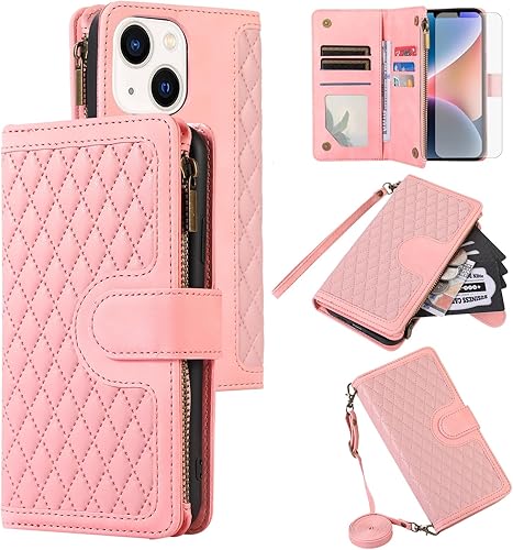 Asuwish Funda de teléfono para iPhone 13 de 6.1 pulgadas con protector de pantalla de vidrio templado y correa para la muñeca, con cremallera