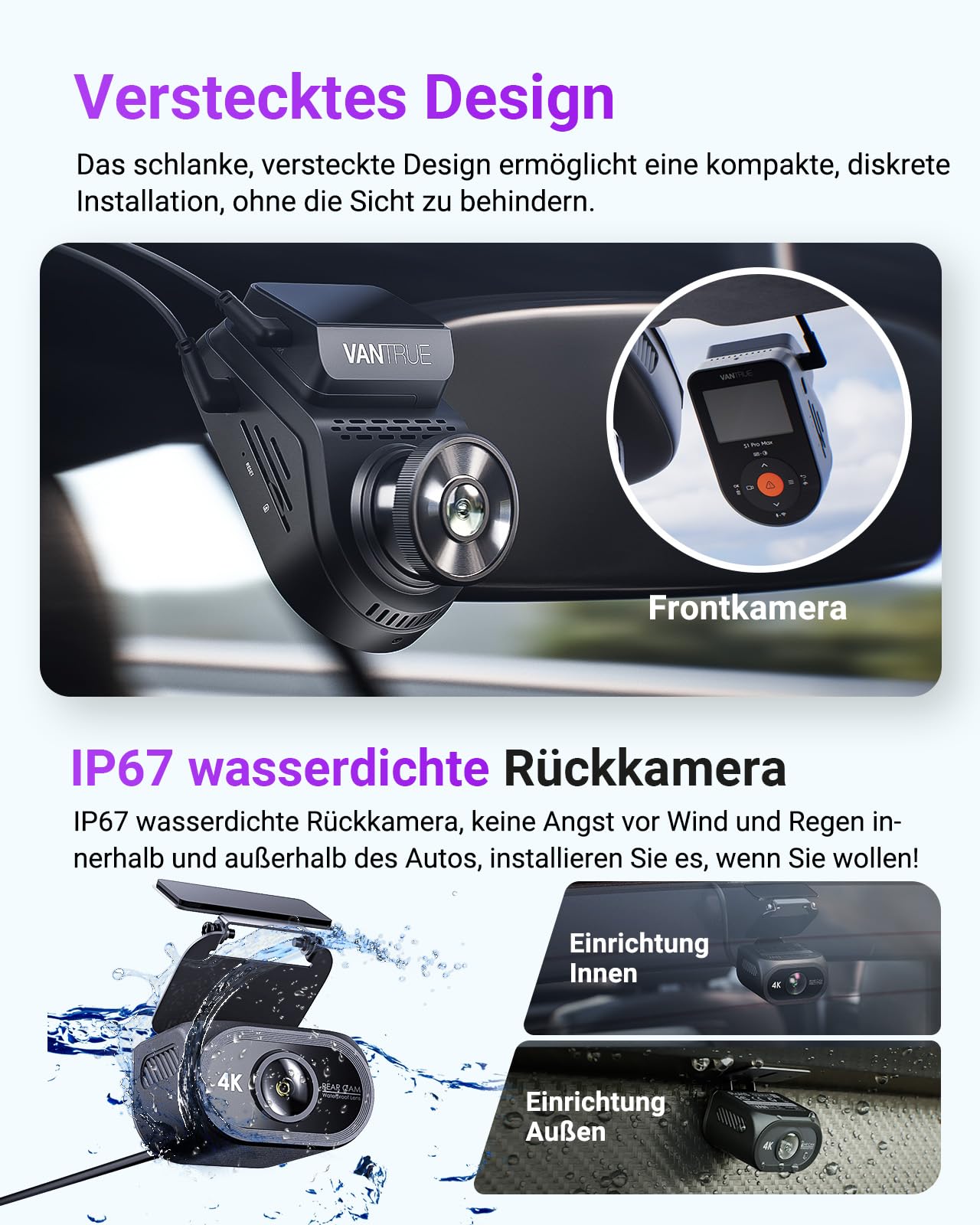 VANTRUE S1 PRO MAX 4K+4K Dashcam Auto Dual STARVIS 2 IMX678 HDR Nachtsicht Dash Cam Vorne Hinten, 5,8GHz WLAN GPS, 15S Puffer Parkmodus, DSGVO-konform, AI Auto Kamera ADAS BSD, Sprachbefehl, 1TB Max
