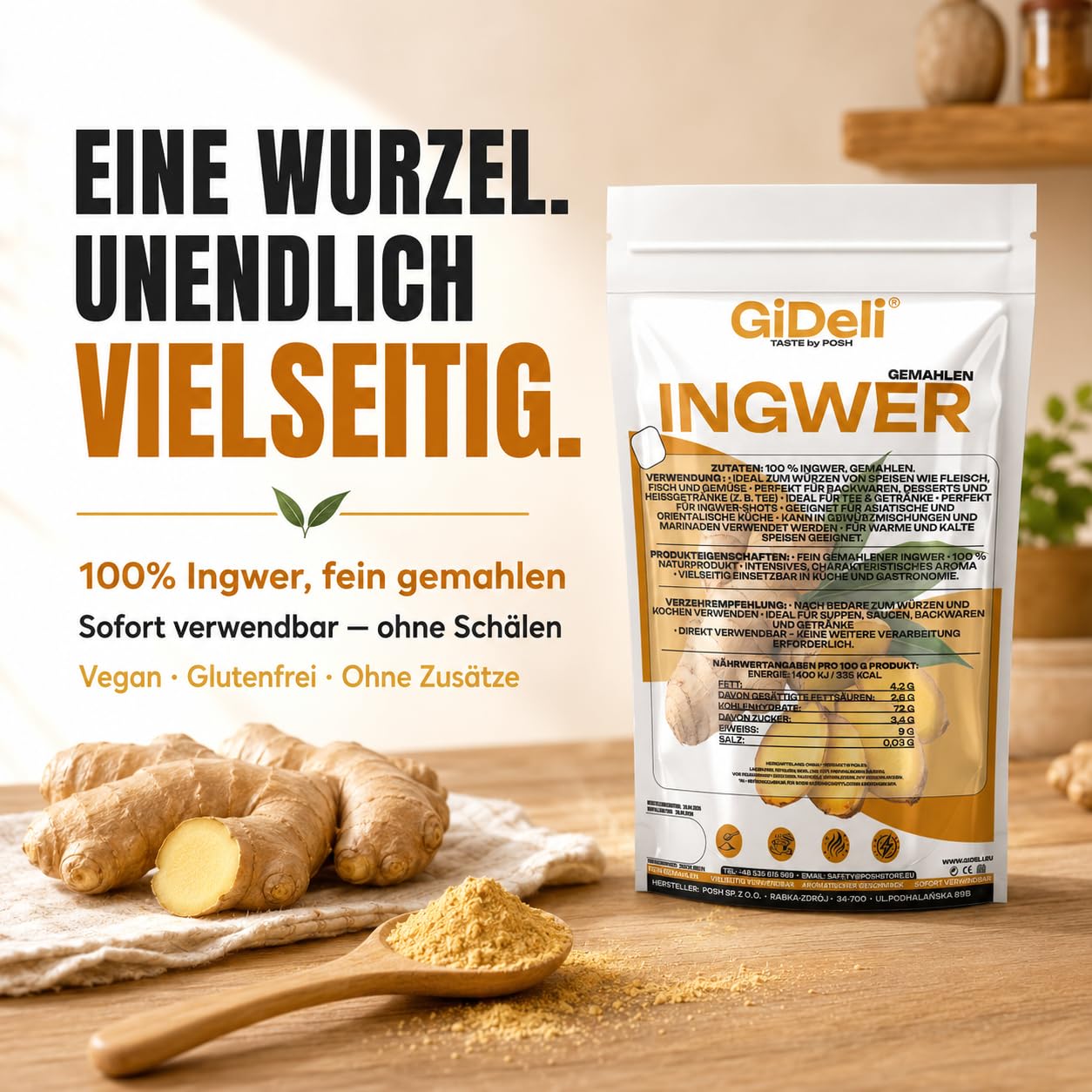GiDeli Ingwerpulver 3x5kg - Naturrein Ohne Künstliche Zusätze - Fein Gemahlen für Tee - Ingwer Shots - Smoothies und Asiatische Gerichte - Schonend Verarbeitet - Vegan