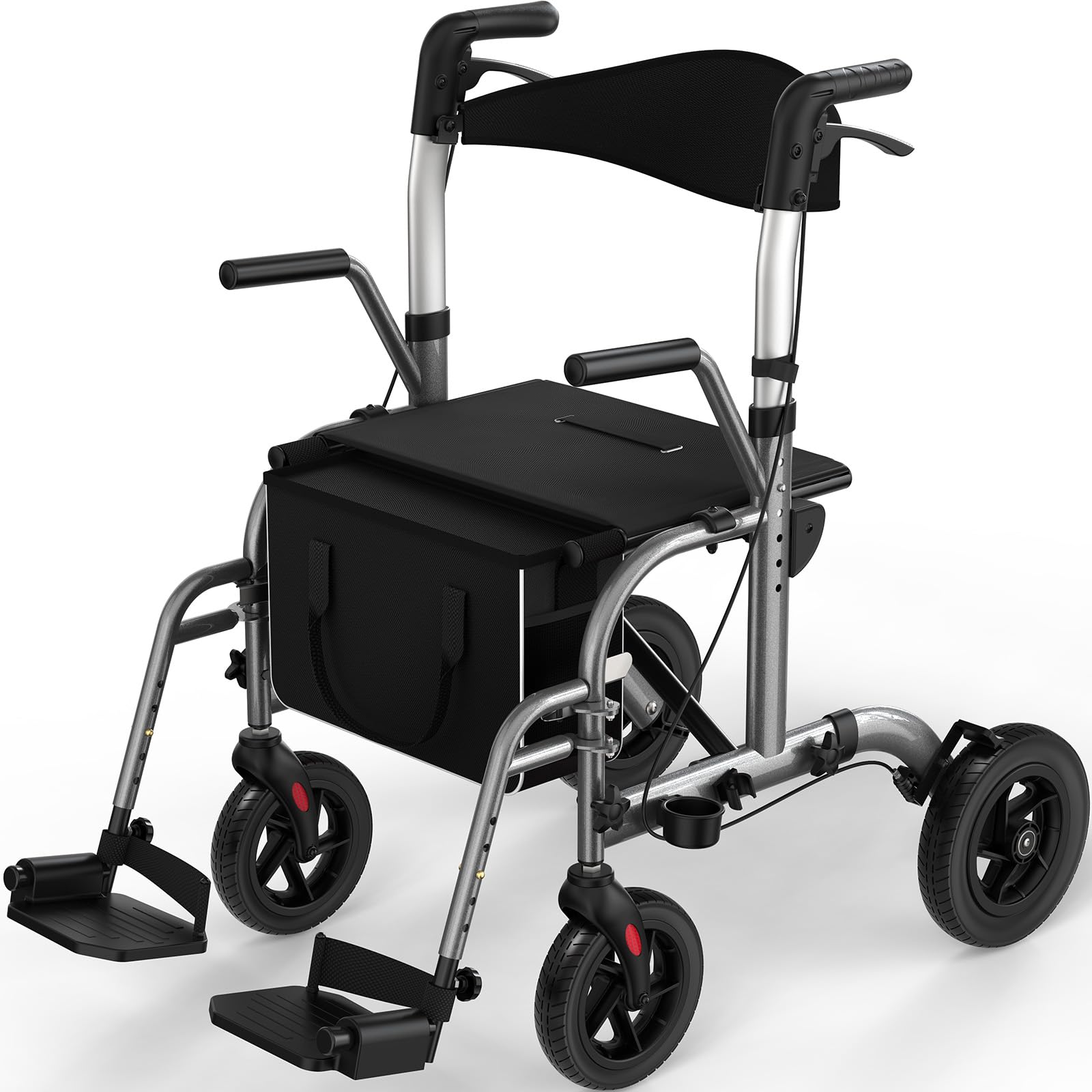 Andador con asiento, 2 en 1 de 4 ruedas y Silla de transporte, Soporta hasta 136 kg, Ruedas TPU de 8"" delanteras y 10"" traseras, Doble freno, Plegable, Altura ajustable, Bolsa almacenamiento, Gris