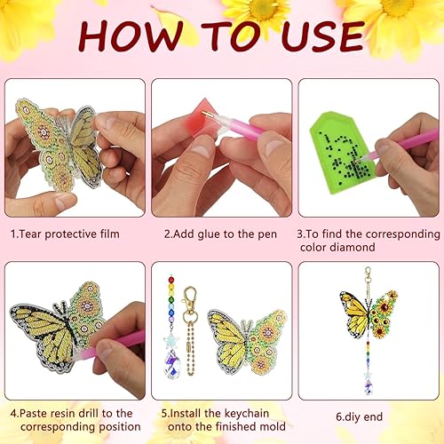 Miniatura 4 de SENHAI Juego de 8 carillones de viento de pinturas de diamantes 5D, diseño de colibrí de doble cara, girasol, cristal, mariposa, adornos con