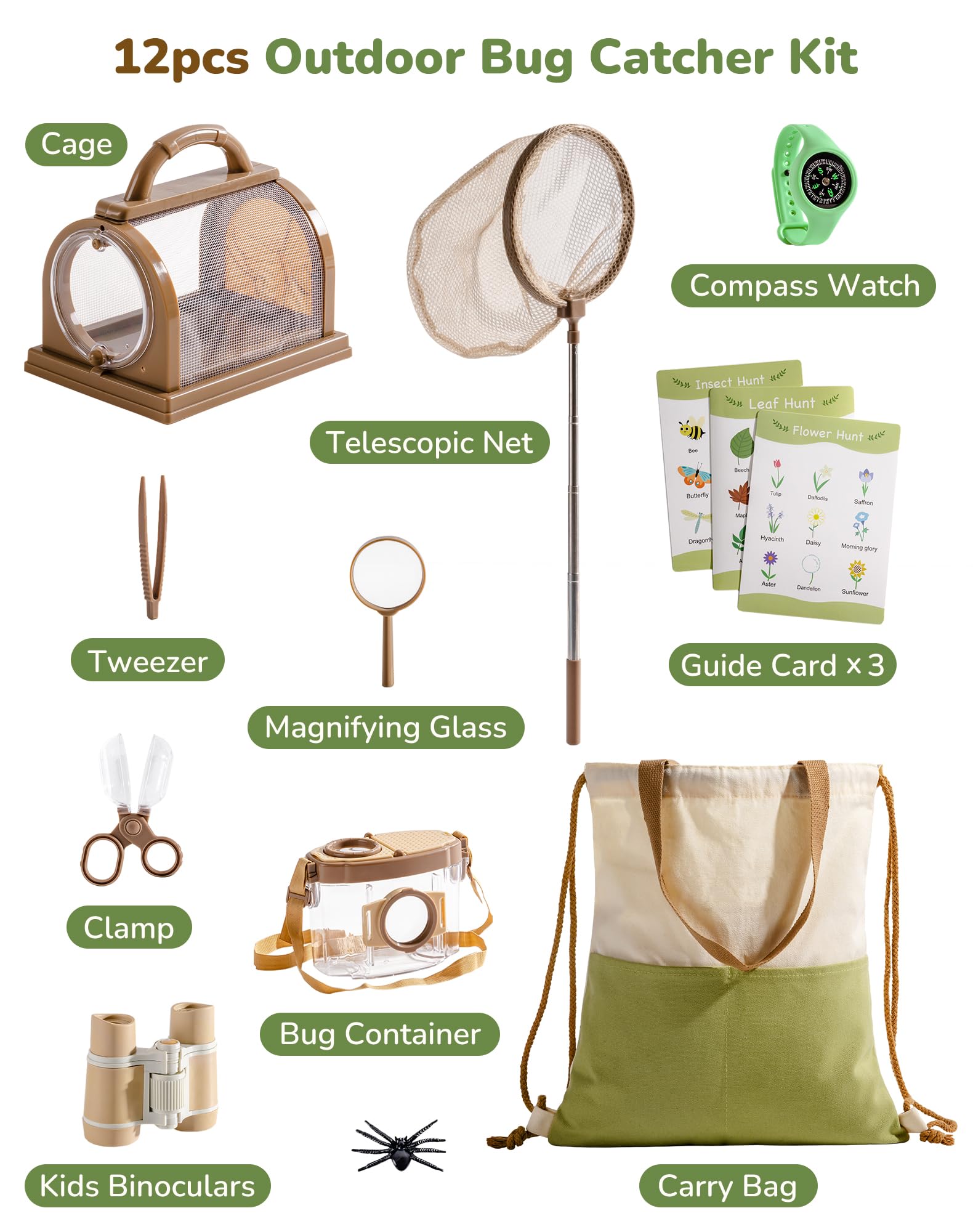 ROBOTIME Explorer Kit & Bug Catcher Kit, Set avventura all'aperto 12 in 1, collezione di insetti con binocolo per bambini, rete a farfalla, scatola per insetti, lente d'ingrandimento e orologio