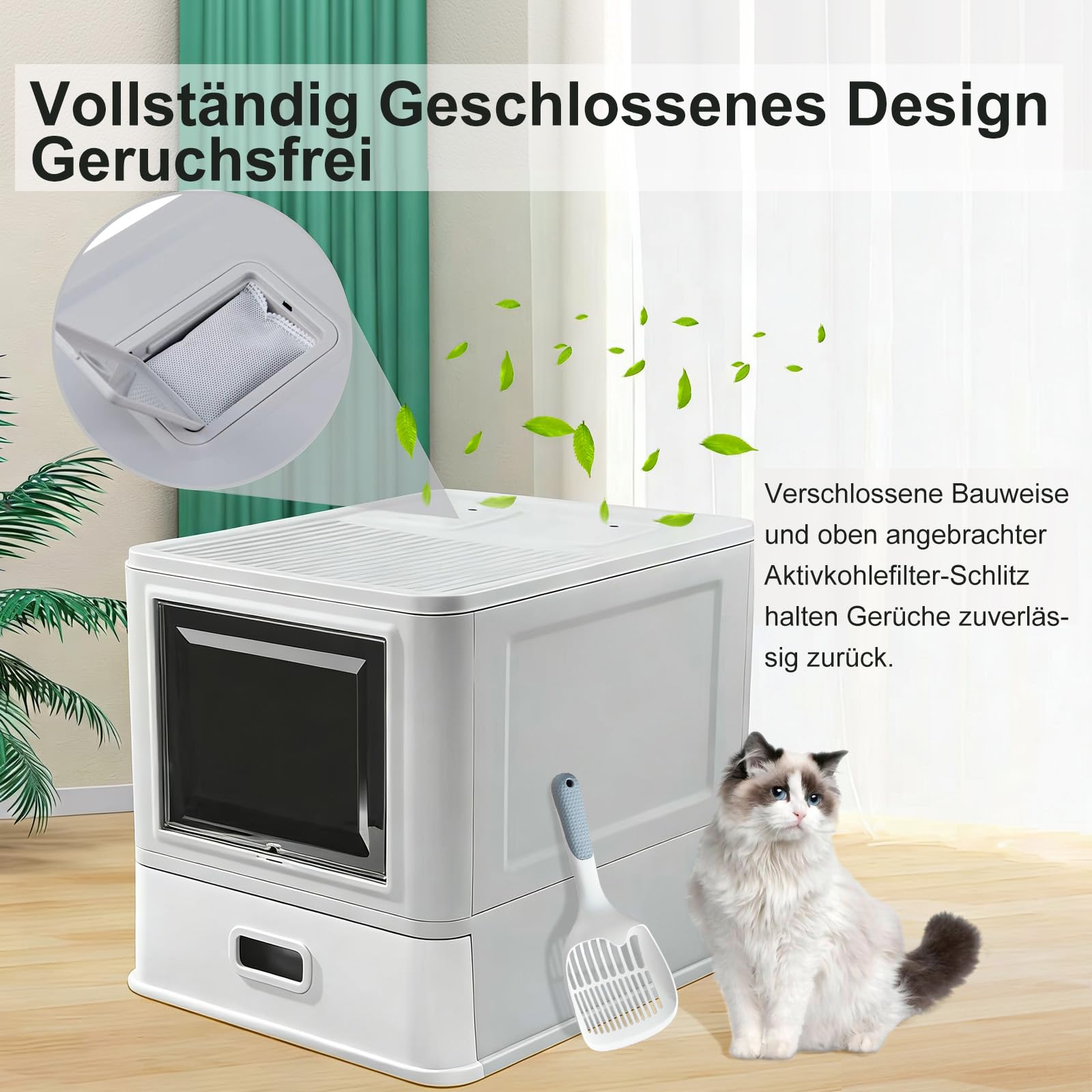 Marchul XL Lettiera per gatti grande, in acciaio inox, con coperchio e cassetto, pareti laterali alte con deflettori antispruzzo, vassoio più profondo con paletta e tappetino, inodore