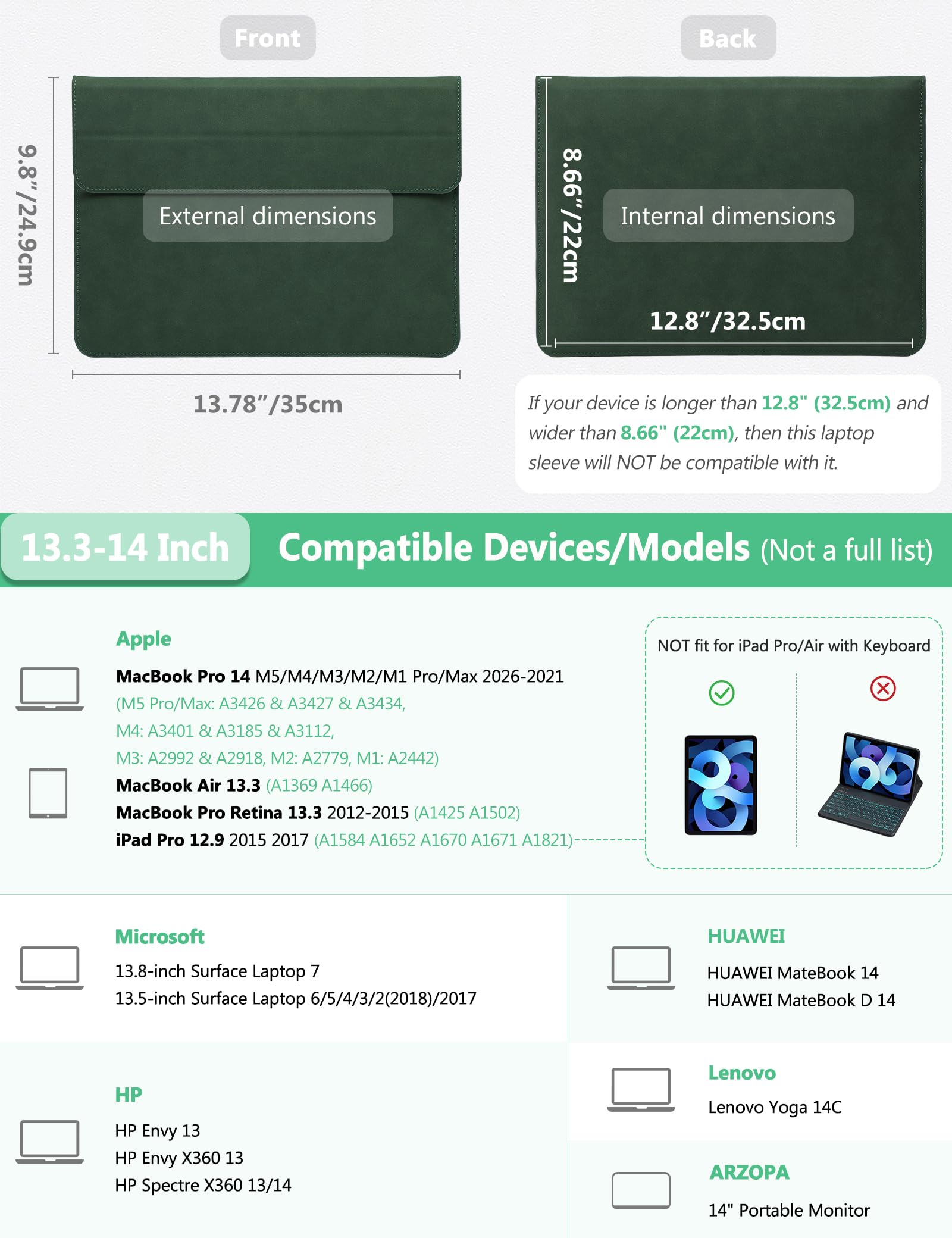 HYZUO 13,3-14 Pouces Housses Ordinateur Portable Sacoche avec Fonction Stand pour MacBook Pro 14 M5/M4/M3/M2/M1 2026-2021, MacBook Pro/Air 13,3, 13,5" 13,8" Surface Laptop, Vert Minuit