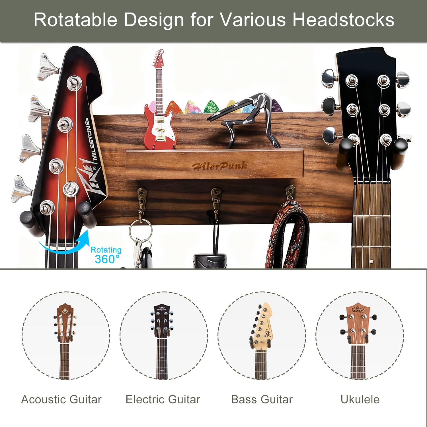 Soporte de pared para guitarra de madera maciza, colgador de guitarra con 3 ganchos de almacenamiento y 2 colgadores de goma giratorios para guitarra, con estante y soporte para púas