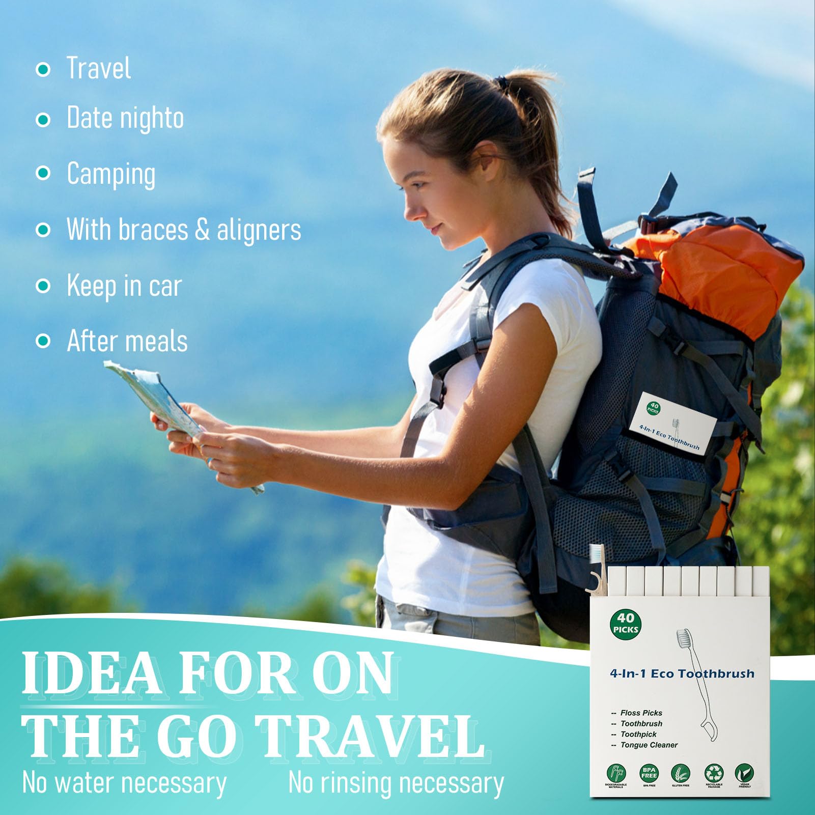 NUDUKO Cepillo de dientes de viaje, púas de hilo dental – 4 en 1 biodegradables desechables con raspador de lengua, cepillo de dientes ecológico envuelto individualmente para adultos y niños, cuidado