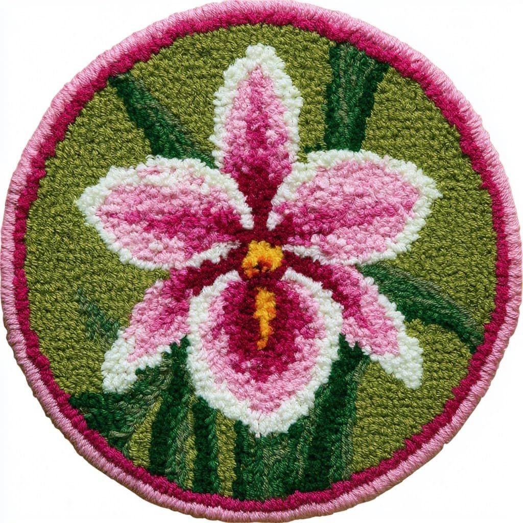 AMBATTERY Round Shape Latch Hook Kits Rug,Phalaenopsis Orchid Flowers