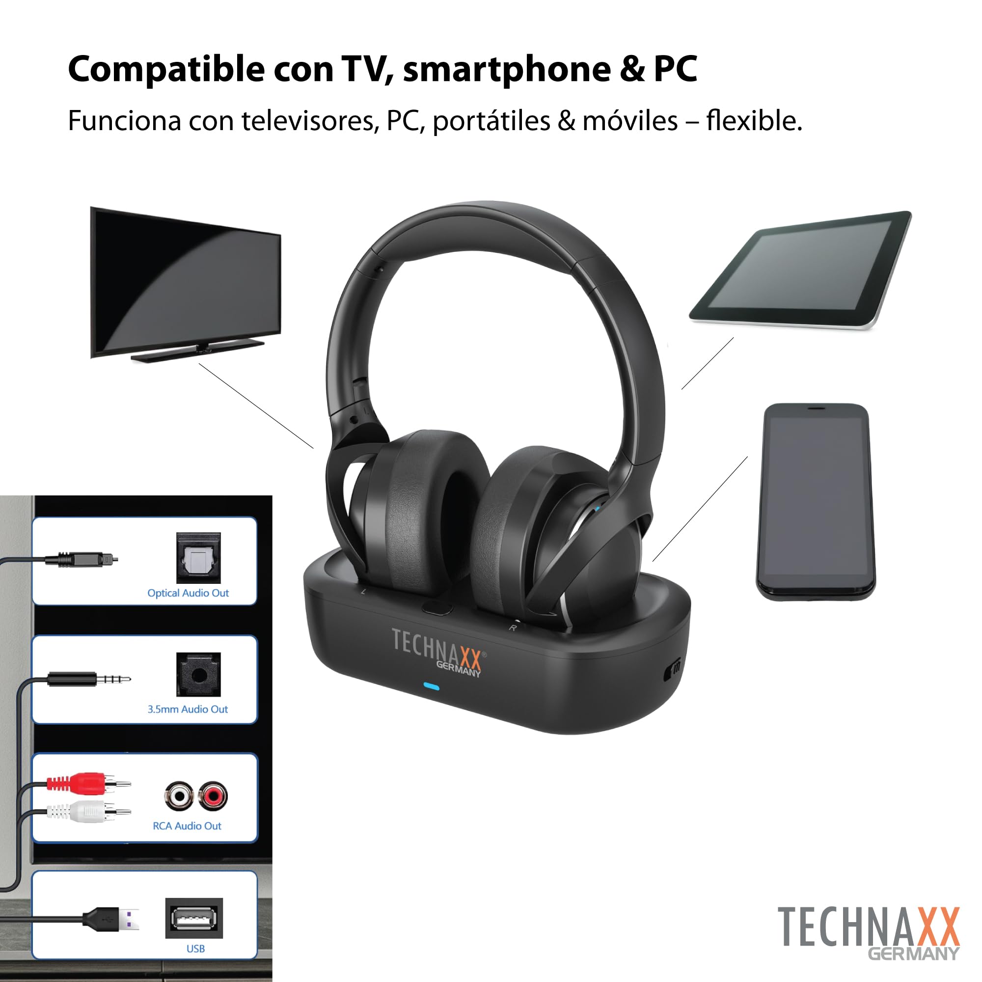 Technaxx Auriculares TV inalámbricos con Base de Carga – Cascos Bluetooth 5.4 Over-Ear con micrófono, 30h batería, USB-C, Entrada óptica y AUX – Ideales para televisión, Mayores y música - TX-350