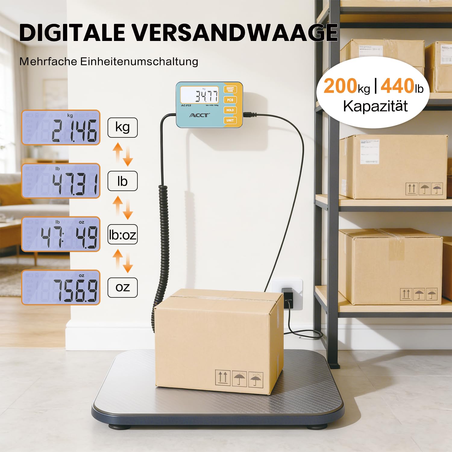 Digitale Postwaage, 200 kg Kapazität, kommerzielle Waage für Pakete, Post, Lager, Zuhause, Gepäck