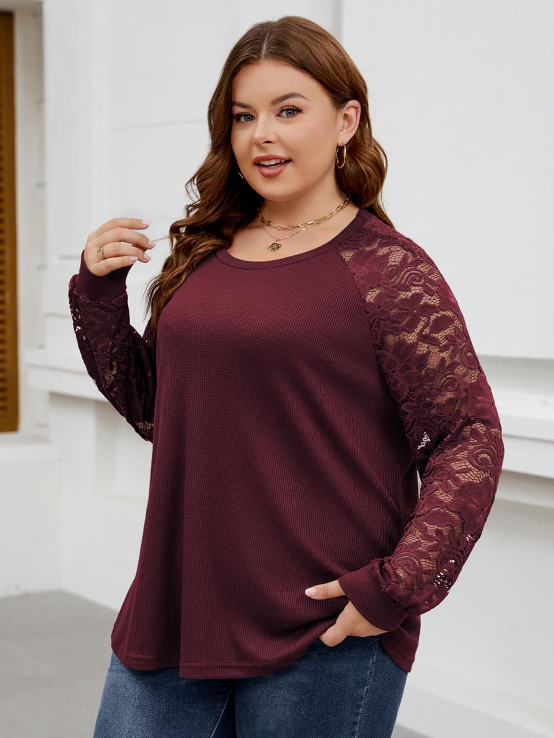 SCOMCHIC Plus Size Tops for Women Elegant Lace Long Sleeve Blouses Crew Neck Fall Dressy Shirts Loose Casual Tunics Tops - Image 3