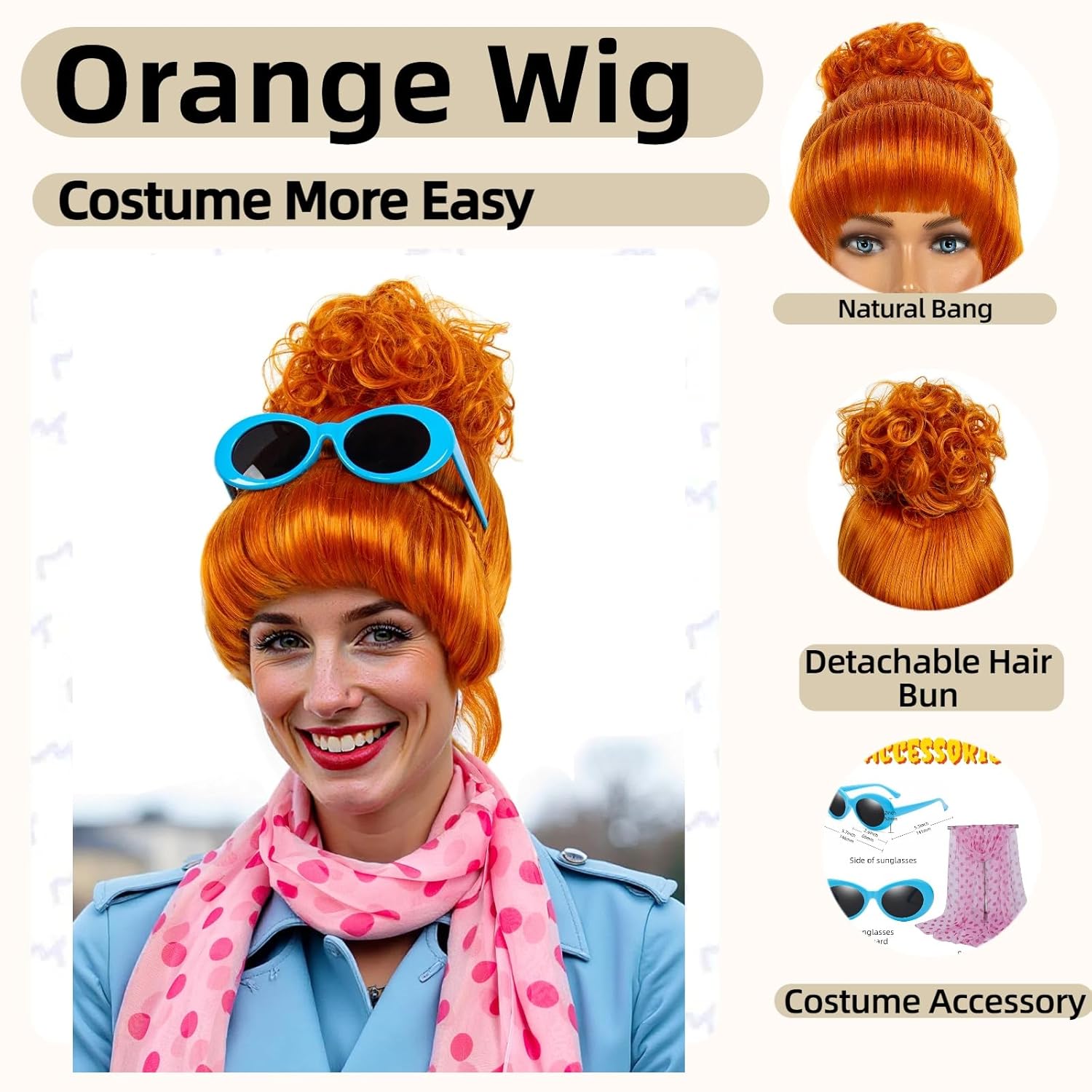 STfantasy Orange Bun Wig with Scarf and Glasses – Stylish & Durable Synthetic Orange Wig for Women, Perfect for Halloween, Cosplay, and Party Accessories