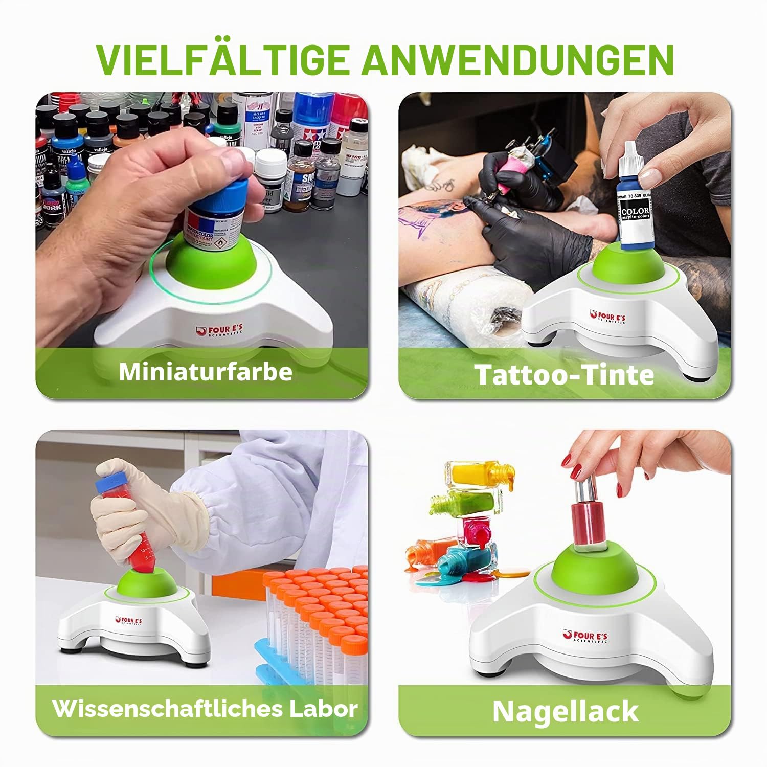 FOUR E'S SCIENTIFIC Vortex Mixer Farbmischer 5600UpM Farbschüttler für Miniaturenmaler und Airbrushkünstler zu Mini Acrylfarben von Citadel Vallejo Scale Skala beim Warhammer Malen