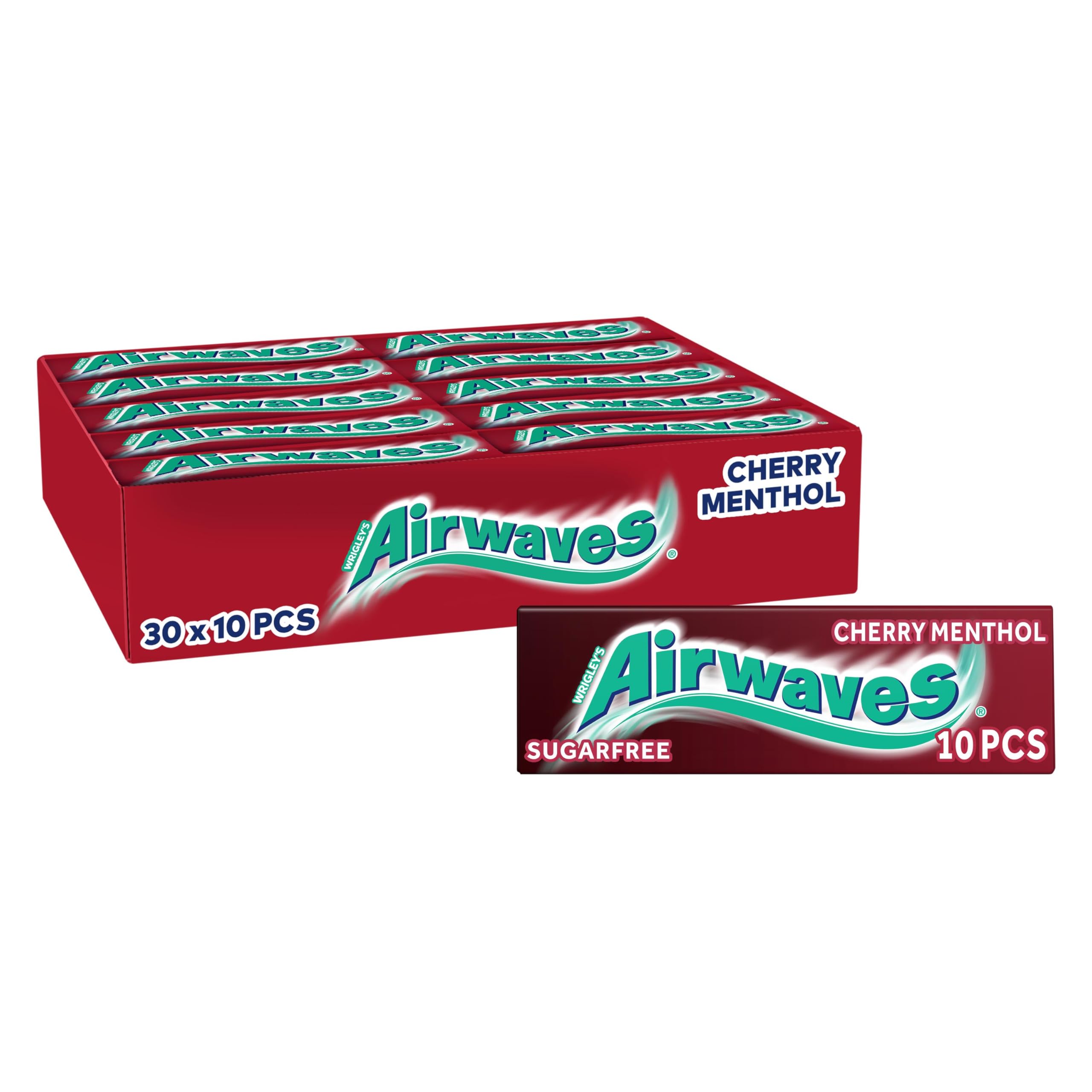 Airwaves Chewing Gum Cherry Menthol, 30 Packs of 10 Pieces, Sugar Free Chewing Gum Bulk Pack with Menthol Freshness (300 pieces)