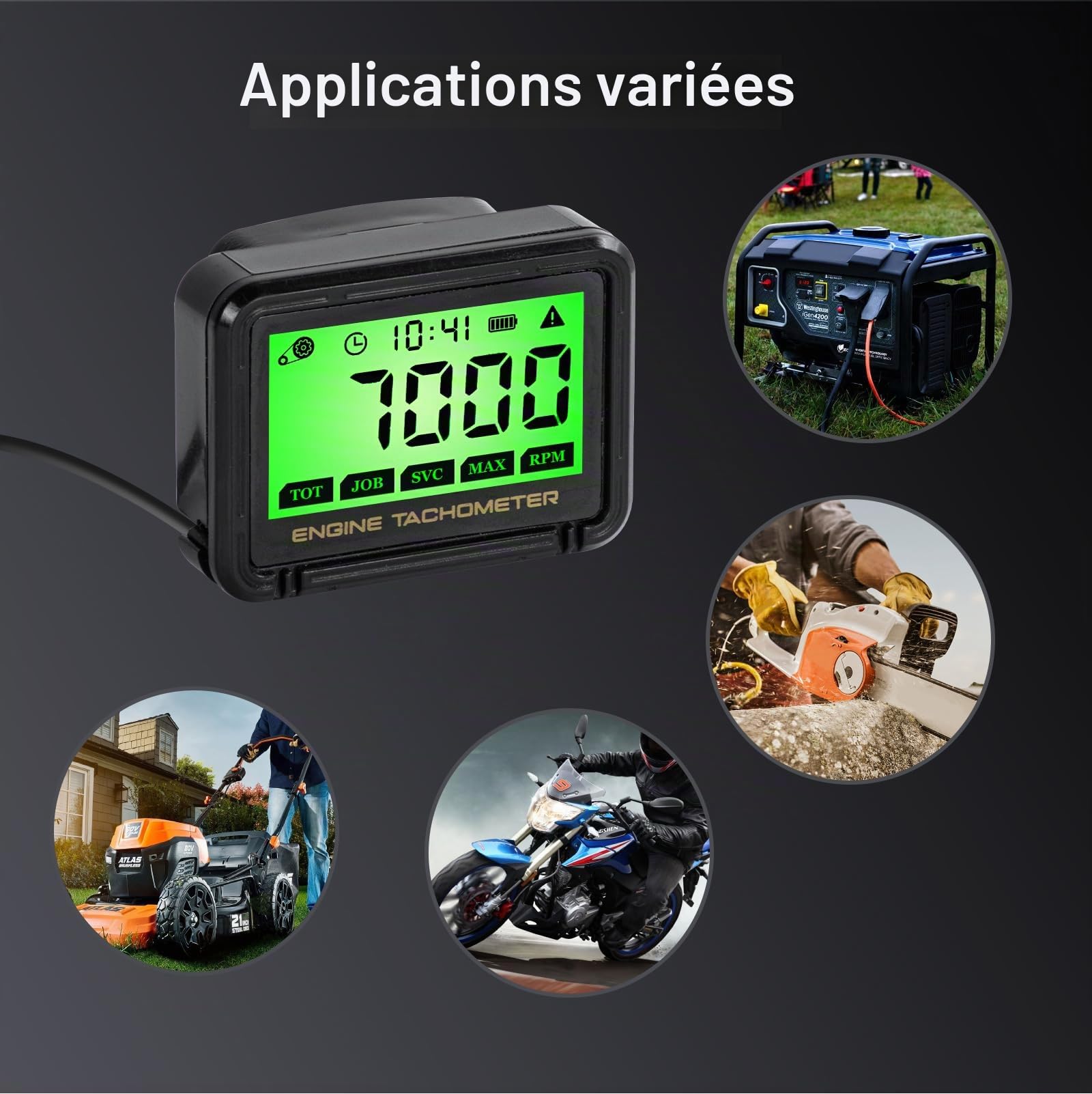 Compte-tours pour tronçonneuse, tachymètre LCD avec induction sans fil, tachymètre RPM, moteur à essence, tondeuse à gazon, fonction d'entretien de vision nocturne, pour moto, tondeuse à gazon