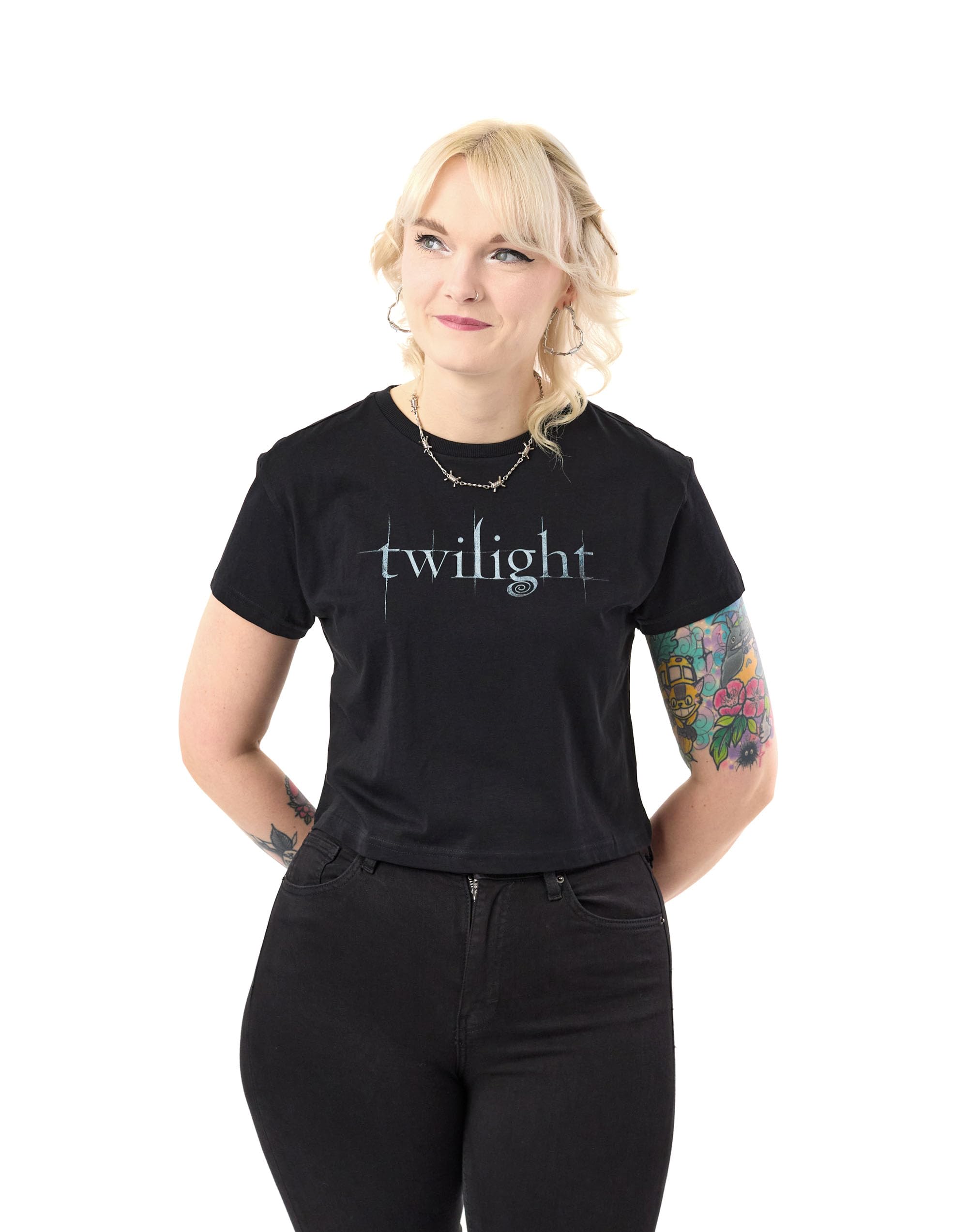 Twilight Logo Crop Womens Black Short Sleeve Graphic Tee | Cropped T-Shirt for Twilight Fans | Stylish Twilight Movie Merchandise | Twilight Logo Crop Top for Women | Black Graphic Tee for Her