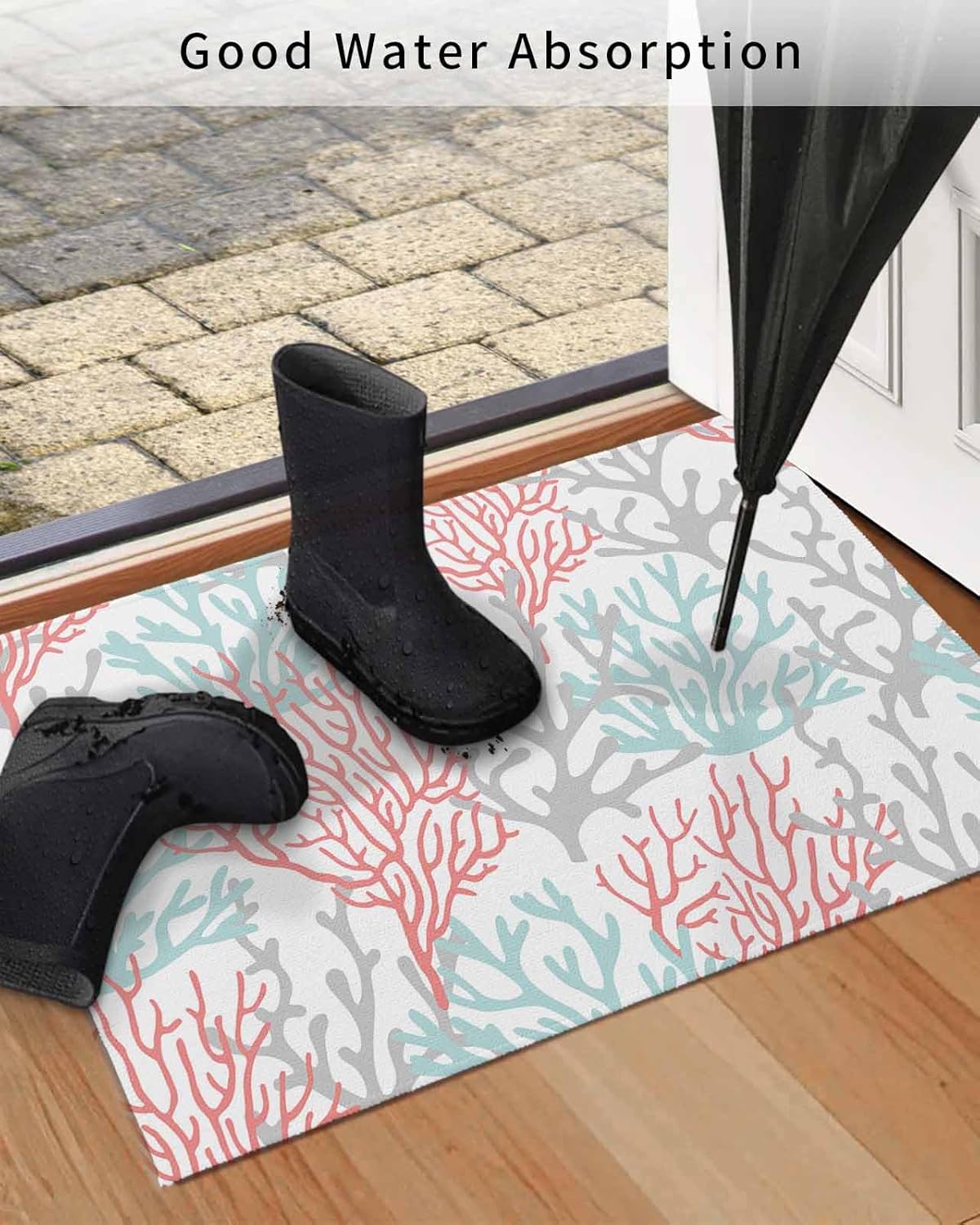 Ocean Door Mat Indoor Outdoor Doormat Non Slip Front Back Door Mat Entrance Mat Low Profile Floor Mat Washable Summer Ocean Colorful Coral White Welcome Mat for Entryway, 20x32 Inch