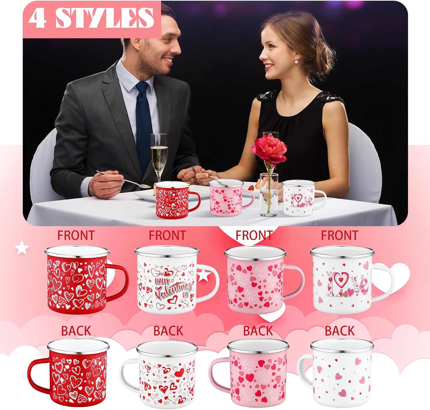 4 Pcs Enamel Mug Set 12oz, Love Hearts Coffee Mug Sweet Camping Cup Happy Galentines Gift for Party Anniversary Wedding (White Pink Red)