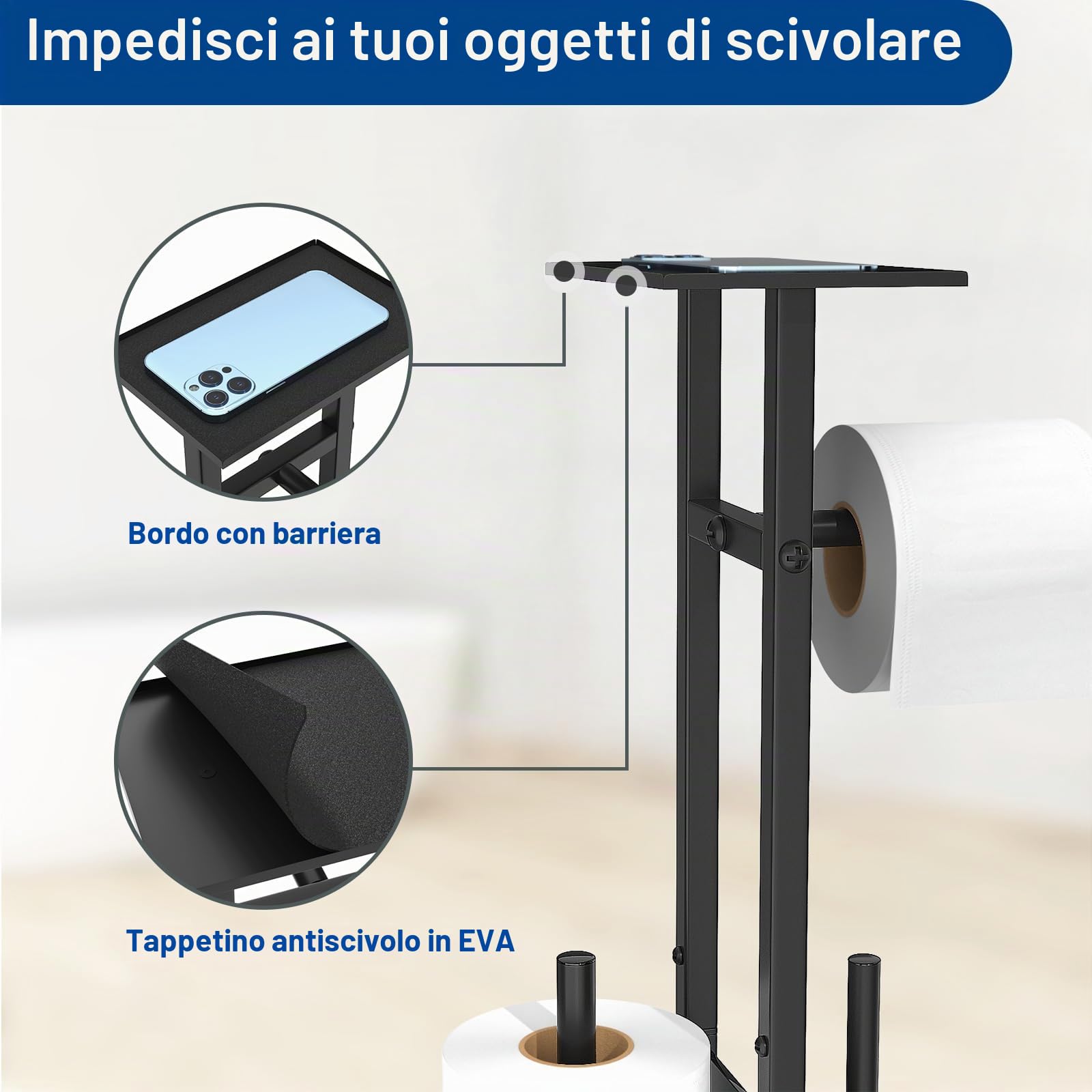 susswiff Porta carta igienica inox da appoggio con scopino - con scatola salviettine umidificate, ripiano in vetro (nero opaco)