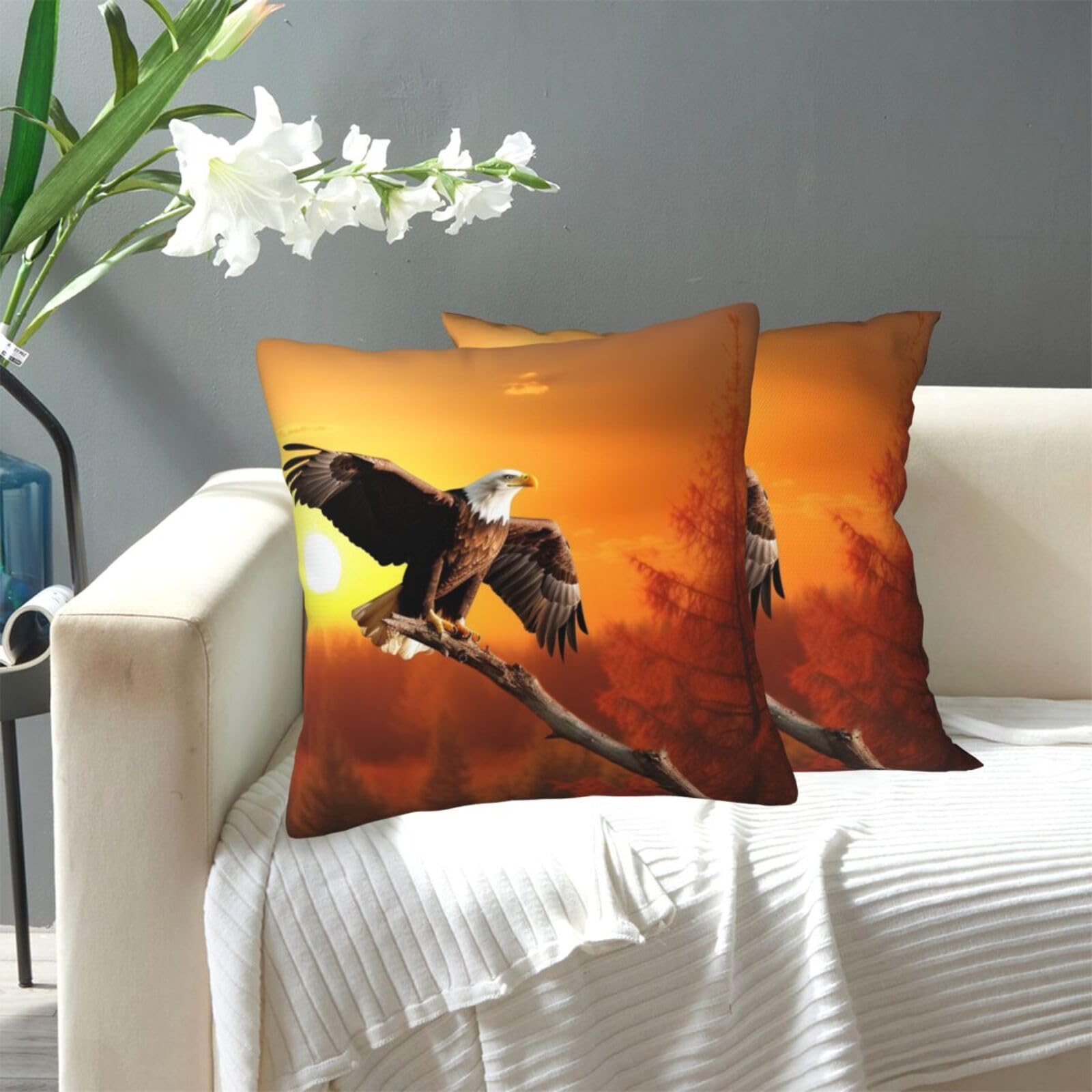 FekiLoot Decorative Throw Pillow Covers Modern Farmhouse Pillowcase Double Sided Cozy Cushion Cover for Sofa Couch Bed 16"X16" Golden Sunset Bald Eagle