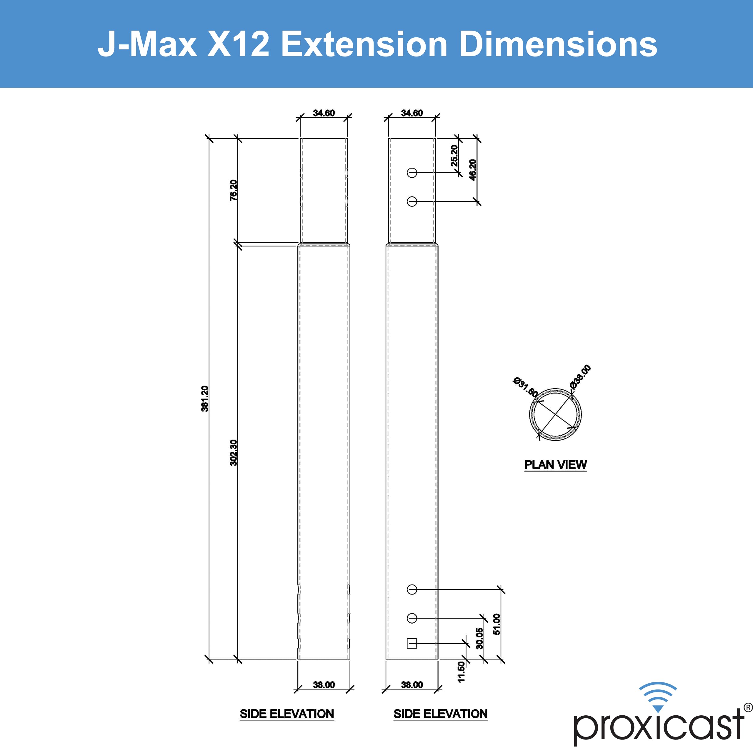 Asta di prolunga in acciaio inox da 30,5 cm per supporti antenna Proxicast J-Max (ANT-800-X12)