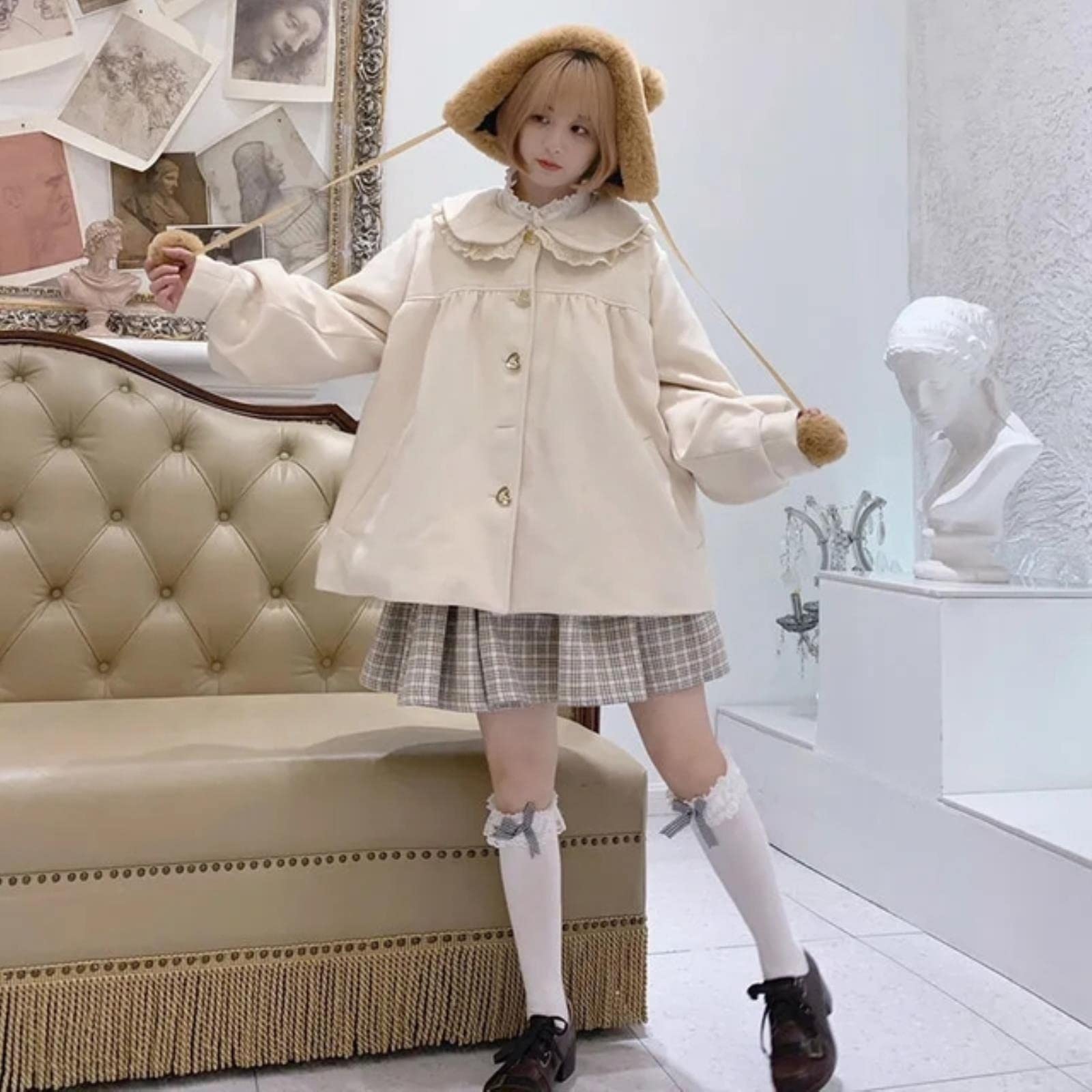 Kawaii Clothes Japanese Street Cute Soft Girl Coat Sailor Collar Bow Heart Shaped Pocket Keep Warm Christmas Winter Coat Women Fashion