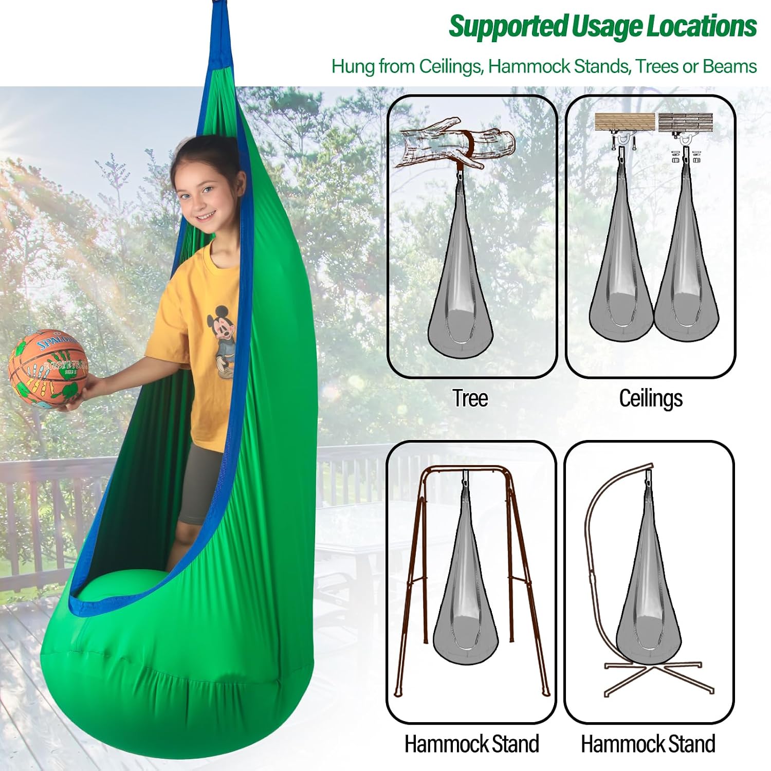 Kids Pod Swing Seat, Max 300 Lbs, Child Sensory Swing Chair Indoor & Outdoor Therapy Hammock Chair with Hanger Kit for Calming, Effect for Autism, ADHD or SPD. (Green)