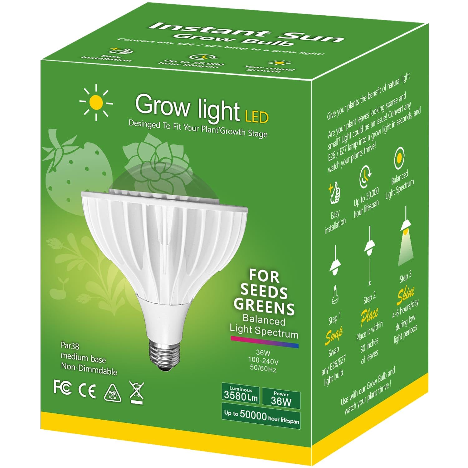 36W LED Pflanzenlampe Vollspektrum E27 Sockel für Zimmerpflanzen,LED Grow Light mit High PPFD Wachstumslampen für Gewächshaus,Garten, Blumen,Gemüse, Hydroponik,400W Äquivalent,4000K,Größe Ø12.0*15.3cm
