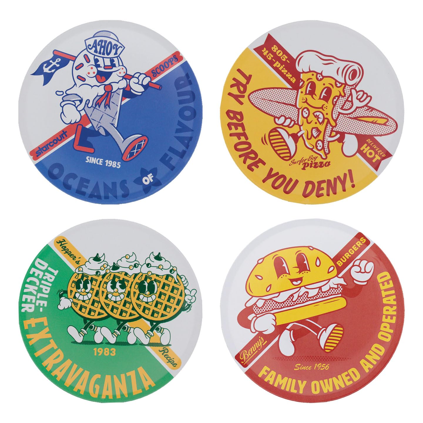 Fanattik Boys Muticoloured Stranger Things Set Of 4 Metal Coasters – Officially Licensed Drinks Coasters, Scoops Ahoy, Surfer Pizza, Benny’s Burgers & Hopper’s Eggo, 89Mm
