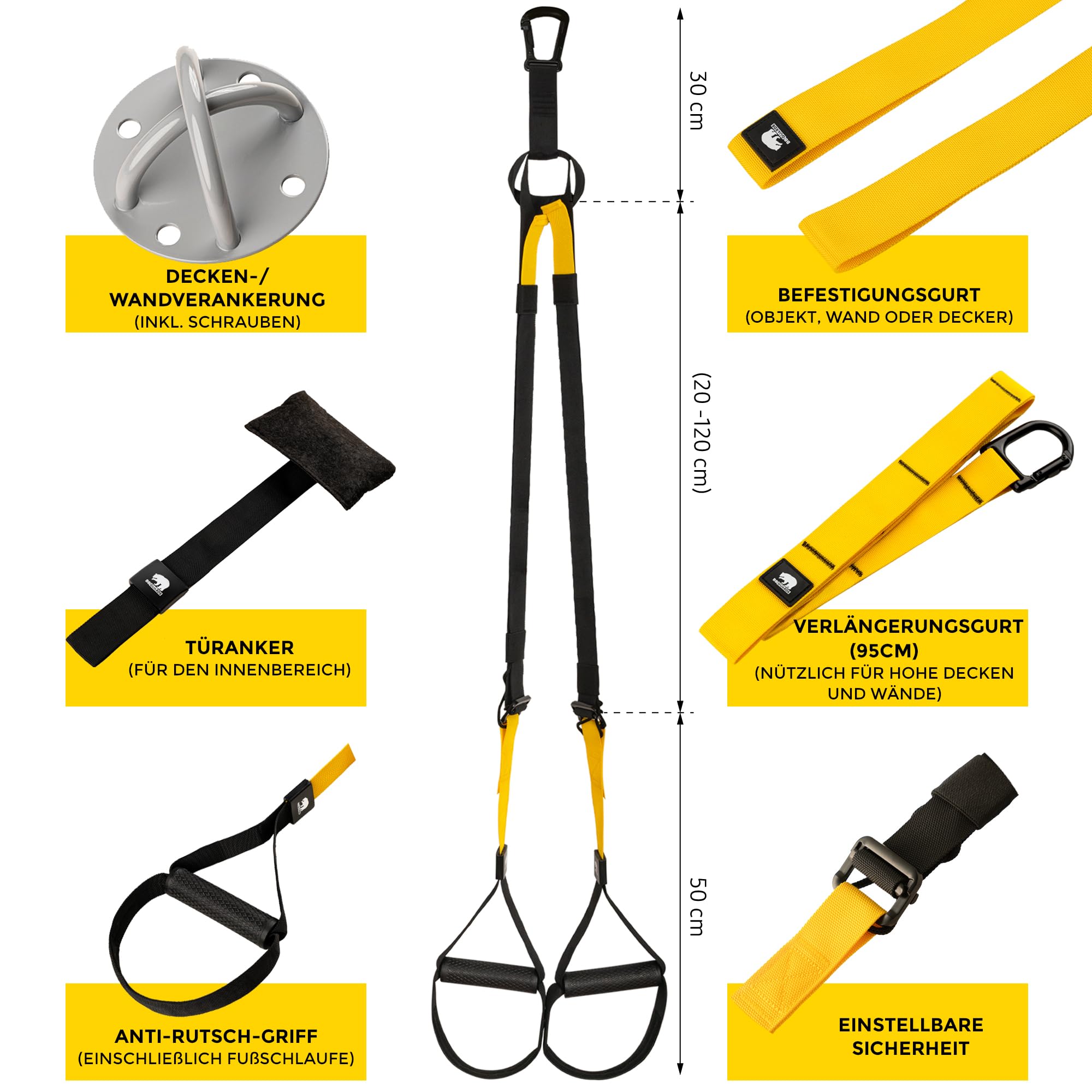Komplett Set für Suspensionstraining mit schlingentrainer für zuhause (inkl. deckenhalterung), bauchroller bauchmuskeltrainer und Fitnessbänder set. Ab Roller, Gummibänder und sling trainer
