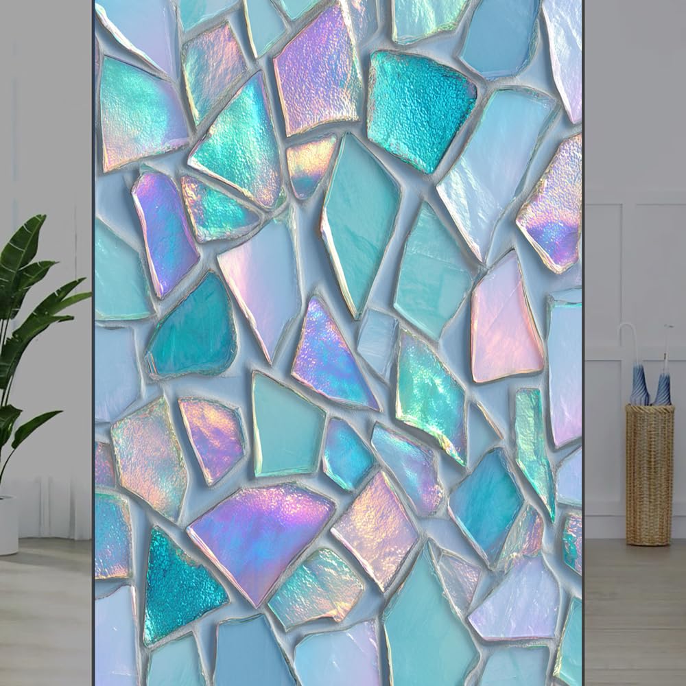 FOCCAFB Glass Color Block Stained Glass Window Film, Dreamy Geometric Fragments Peel and Stick Privacy Film, Frosted Adhesive Vinyl Decorative for Bathroom Windows Glass Doors, （45x90cm）