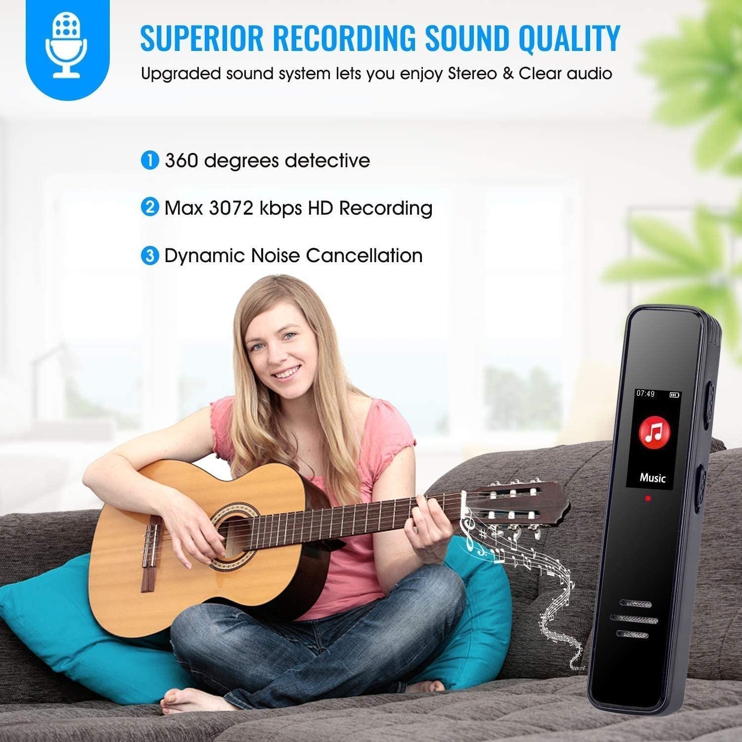 Registratore digitale - Facile registrazione HD di lezioni e riunioni con microfono, riduzione del rumore audio, suono, mini dittafono portatile a nastro, MP3, USB, 3072 KBPS(32GB)