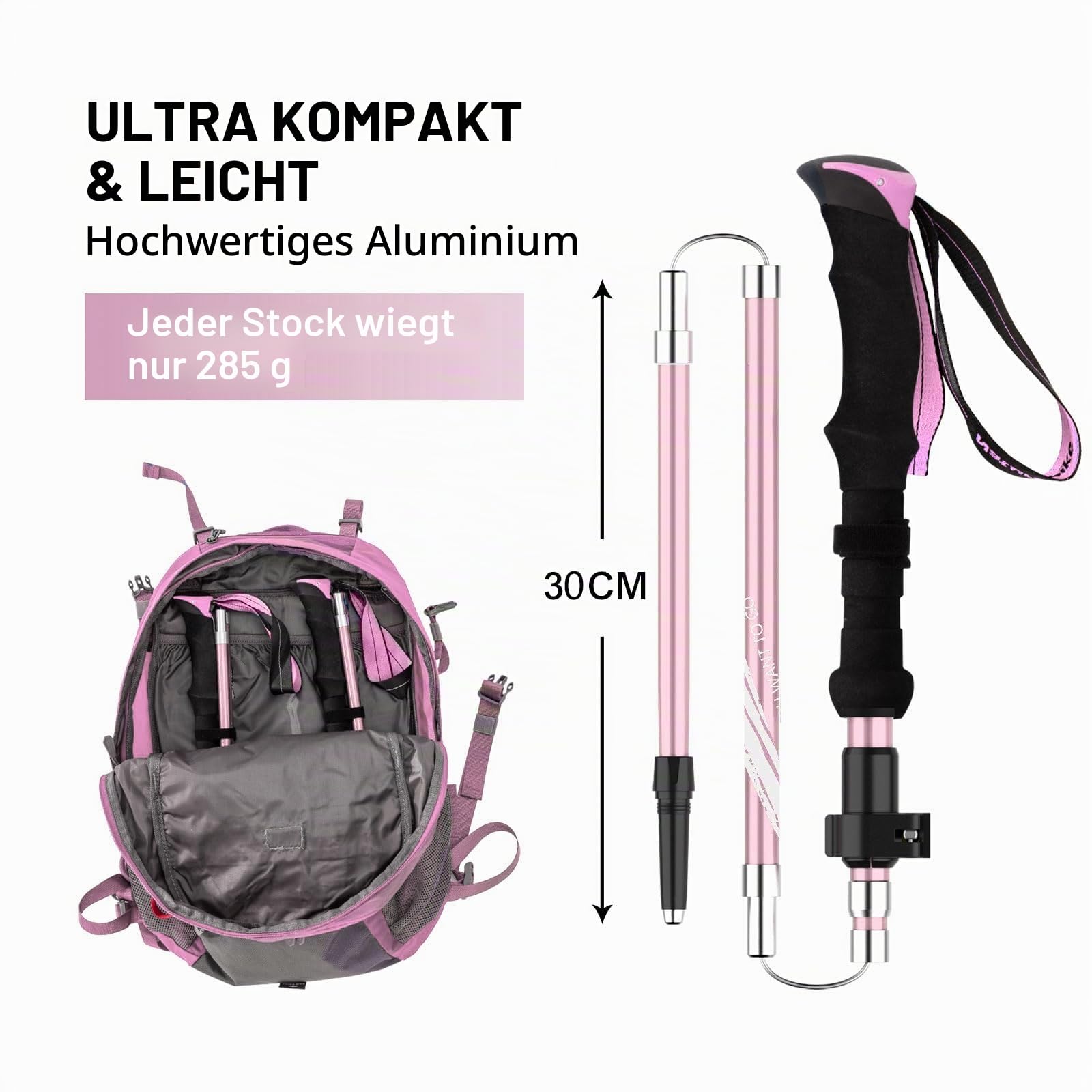 BISINNA Wanderstöcke Trekkingstöcke Nordic Walking Stöcke - 95-115 cm / 115-135 cm Faltbar Verstellbar Leichtgewichtige Aluminium-Wanderstock, mit Gummipuffer für Damen und Herren (4 Farben)
