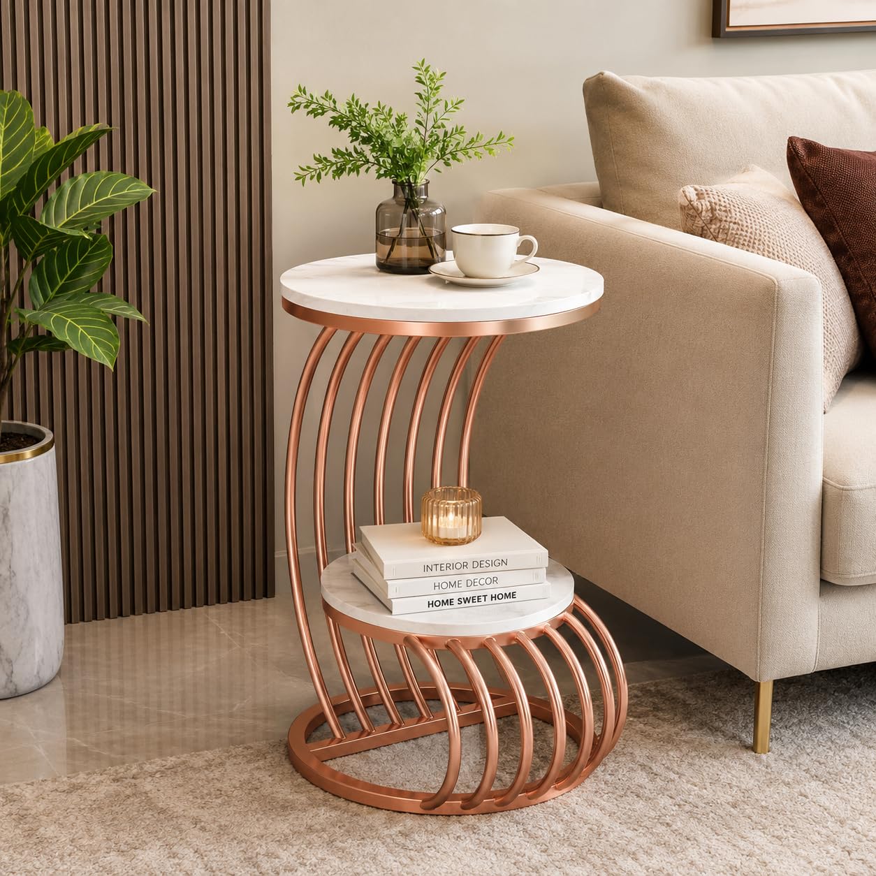 2-Tier End Table with Metal Frame | Coffee Table, Bedside Table, Telephone Table | 23 Inch Height x 15 Inch Width | Rose Gold & White-image-17