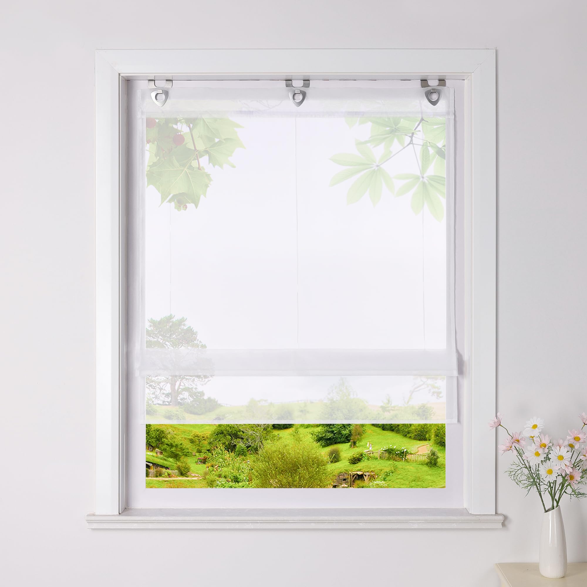 Heichkell Voile Raffrollo ohne Bohren Transparente Raffgardine mit U-Haken Unifarbiges modernes Ösenrollo Weiß H*B 130 * 60cm