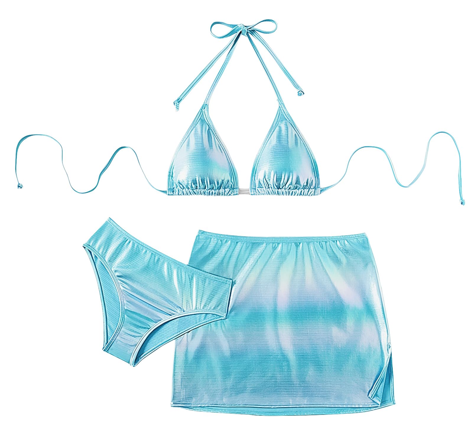 Happy Cherry Ragazze Costumi da Bagno Set Bikini Tre Pezzi Regolabili Triangolo Reggiseno Slip Gonna Costume Metallizzato Swimwear per Bambina 13-16 Anni