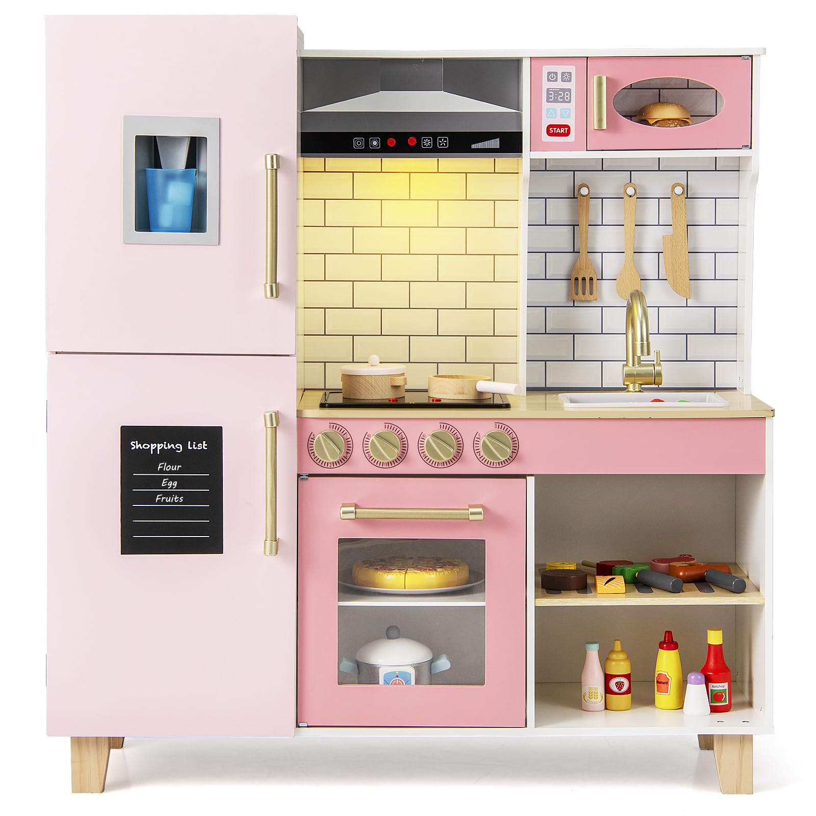 DREAMADE Kinderküche Holz mit 10 TLG. Zubehör, Holzküche Kinder Küche mit Herd Dunstabzugshaube Eismaschine Ofen, Spielküche mit Licht und Sound für Kinder ab 3 Jahren (Rosa)